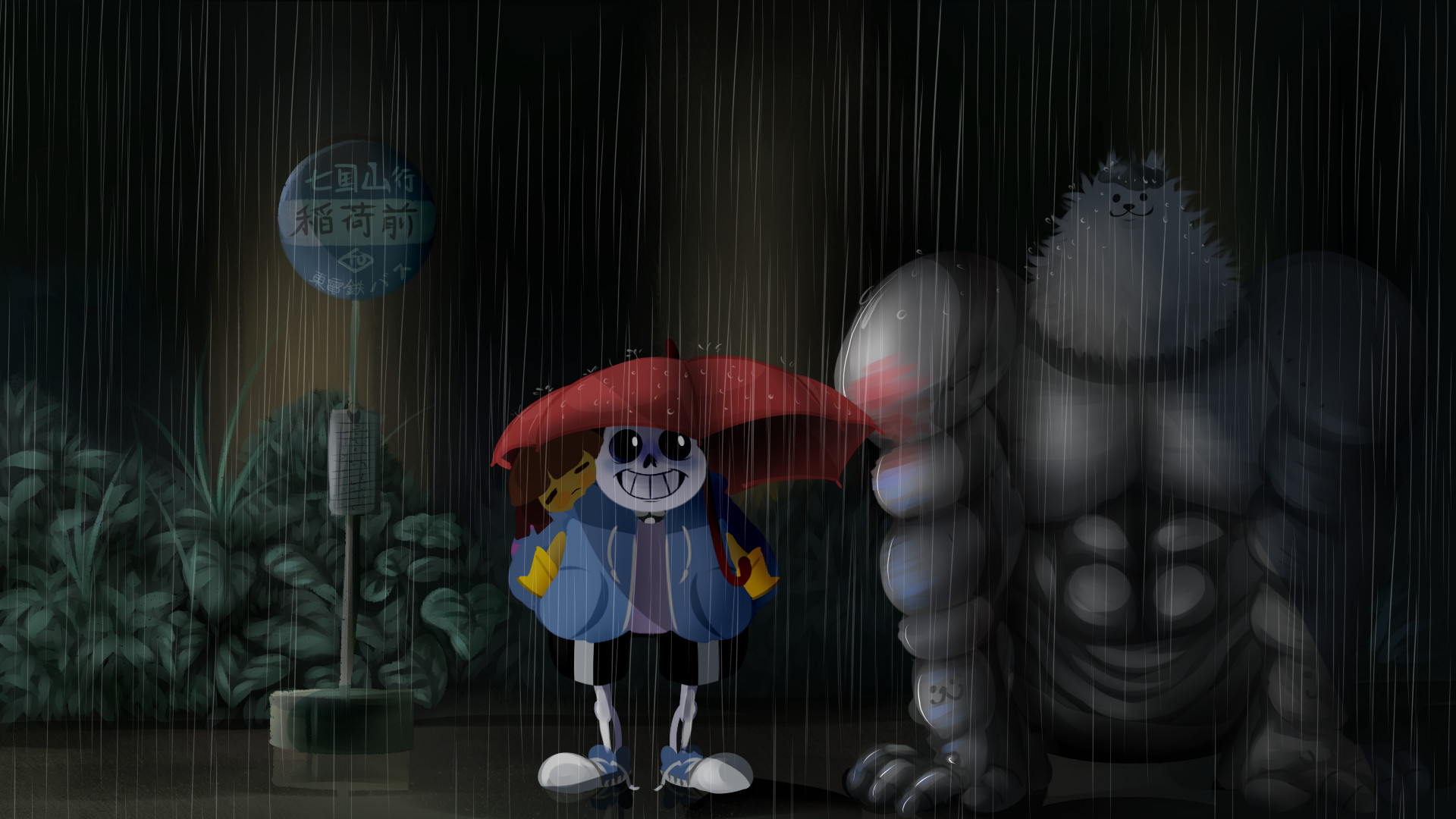 Sans, Undertale, Il mio vicino Totoro, Crossover, Pioggia, Full HD, sfondo per portatile