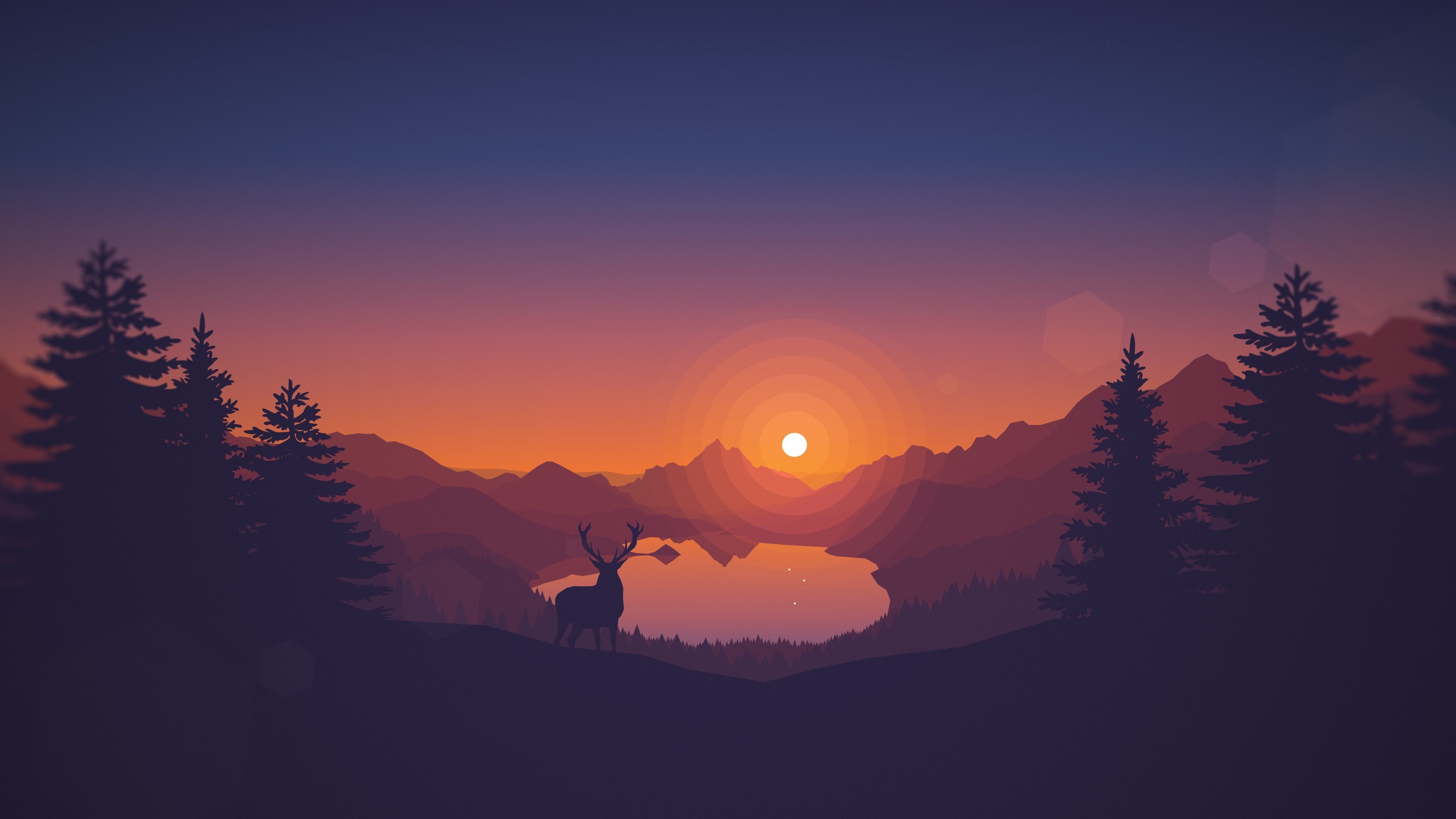 Firewatch, Cervo, Lago, Tramonto, Foresta, Flat design, 4K, sfondo per PC