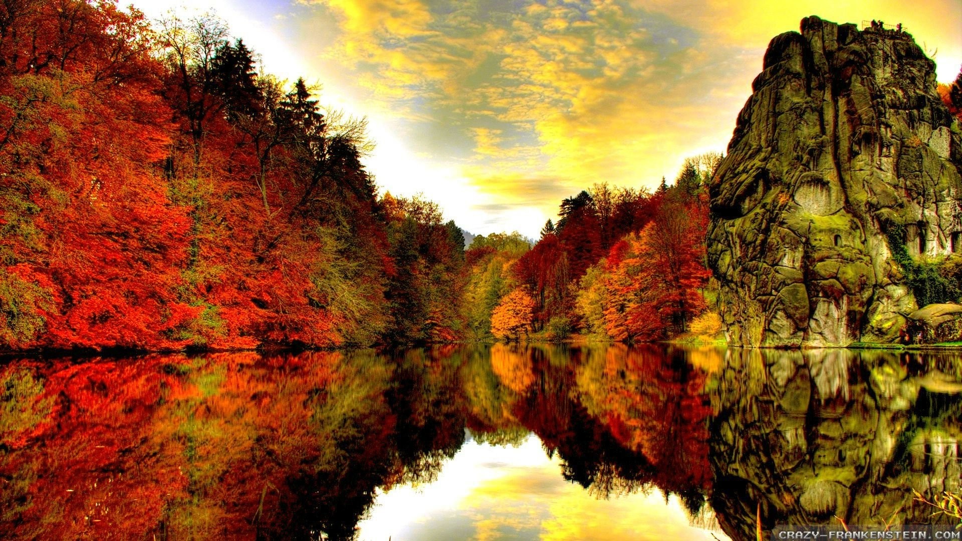 Foliage autunnale, Lago, Riflesso, Rupe, HDR, 1920x1080, immagine di sfondo