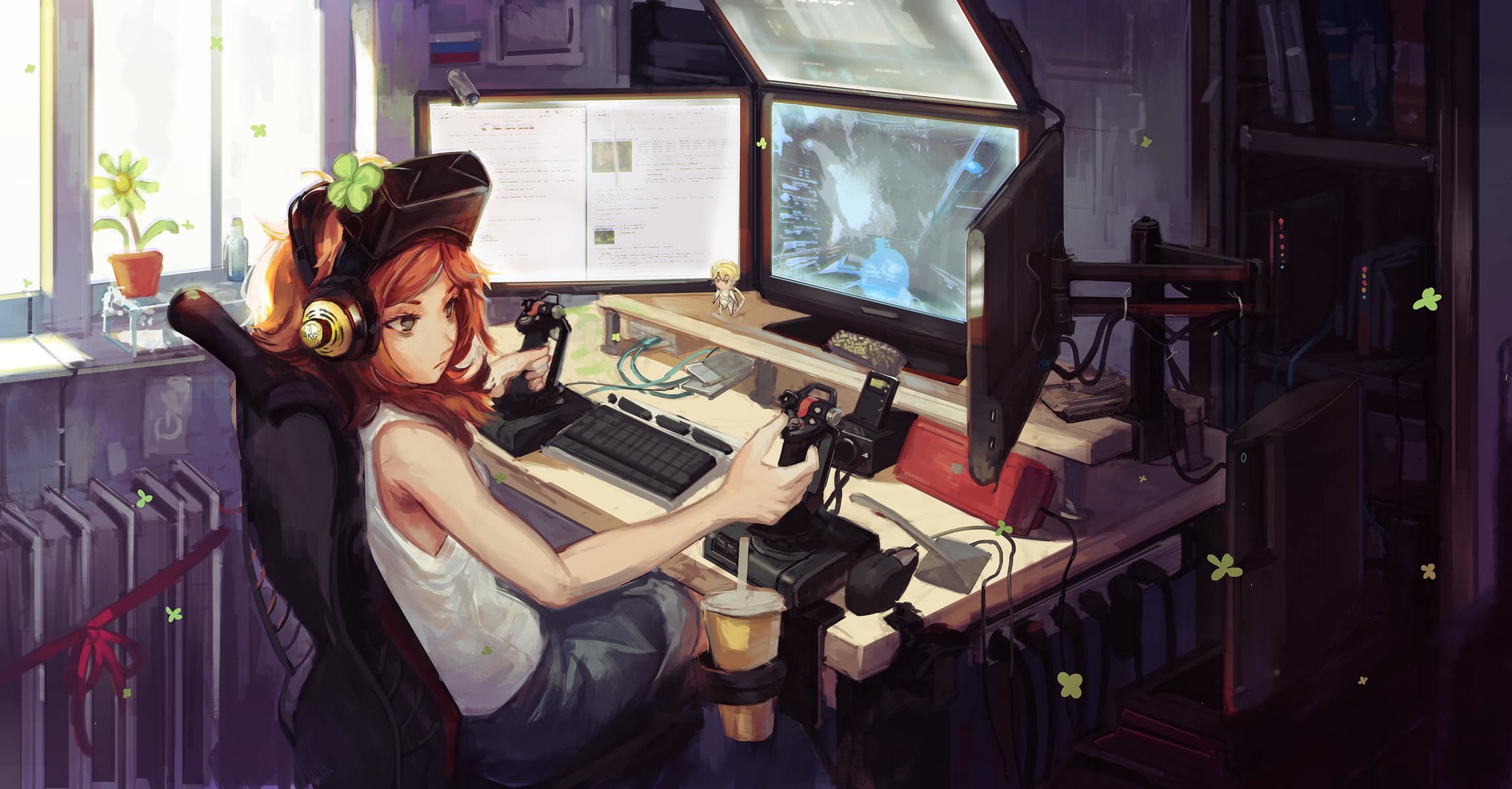 Ragazza gamer, Postazione da gioco, Monitor, Anime, Full HD, sfondo per PC e portatile