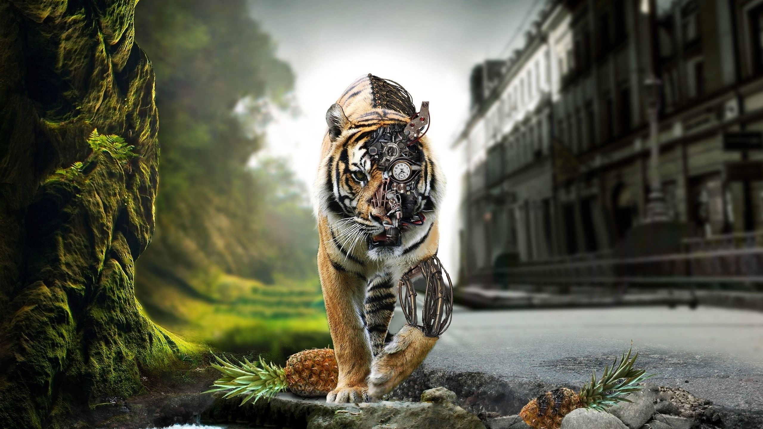 Tigre, Cyborg, Natura e città, Fotomontaggio, Surreale, 2K, sfondo Windows 11