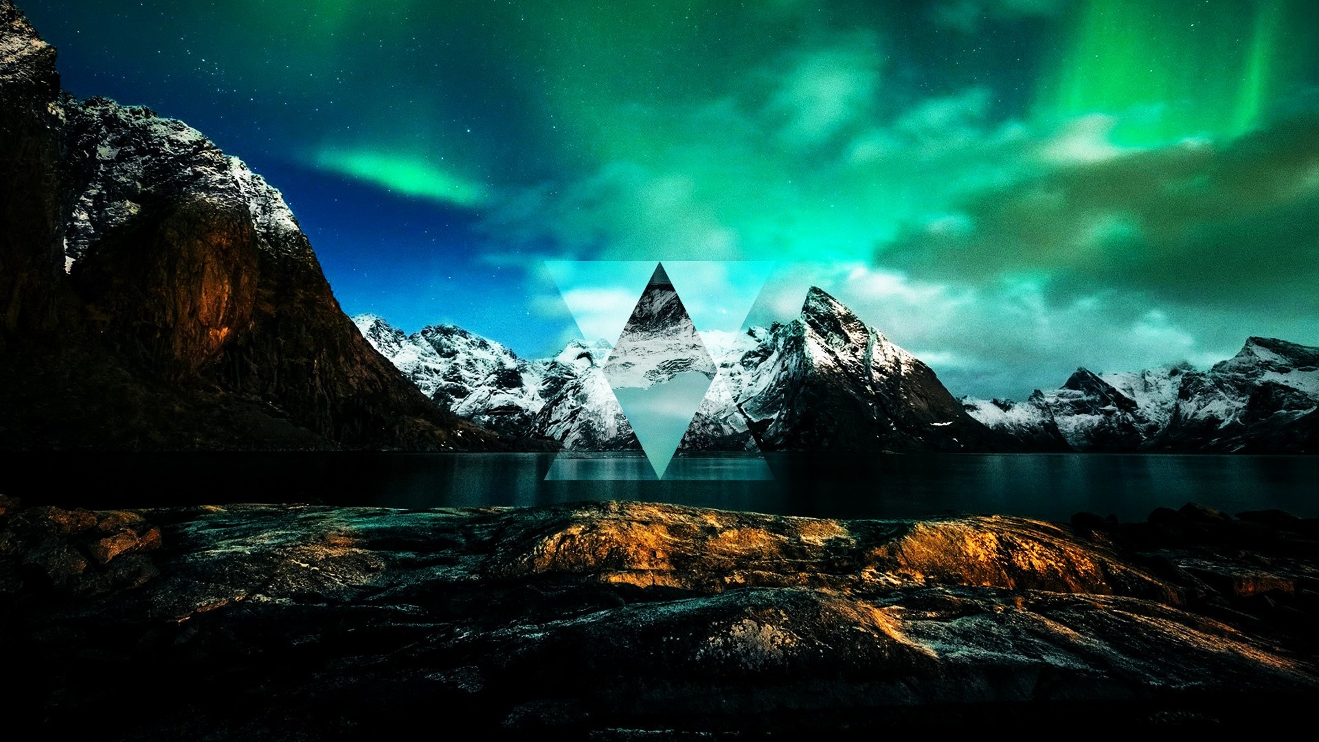 Triangolo, Aurora boreale, Montagne, Lago, 1920x1080, immagine di sfondo