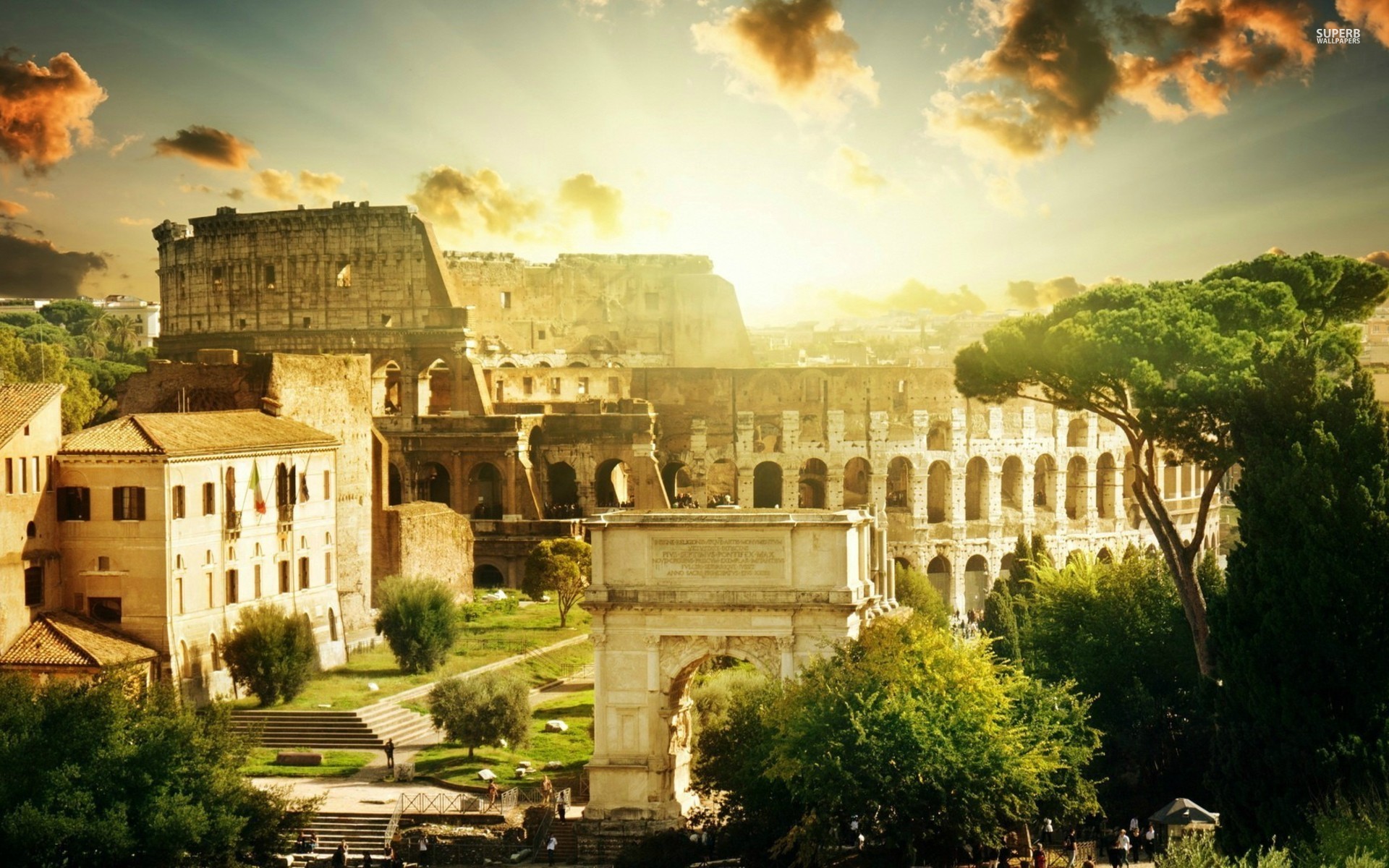 Colosseo, Arco di Tito, Foro Romano, Roma, Luce dorata, Full HD, wallpaper per PC