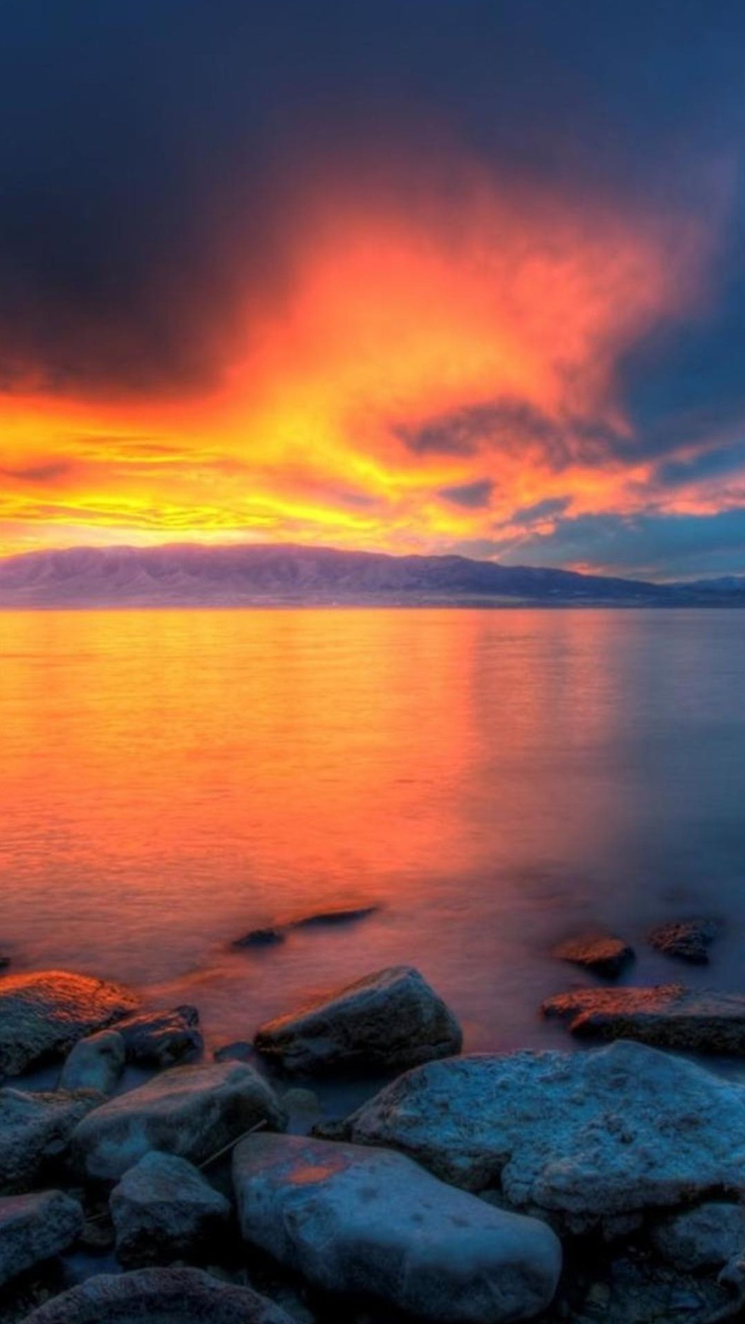 Tramonto, Lago, Rocce, Nuvole infuocate, Full HD, sfondo LG G2