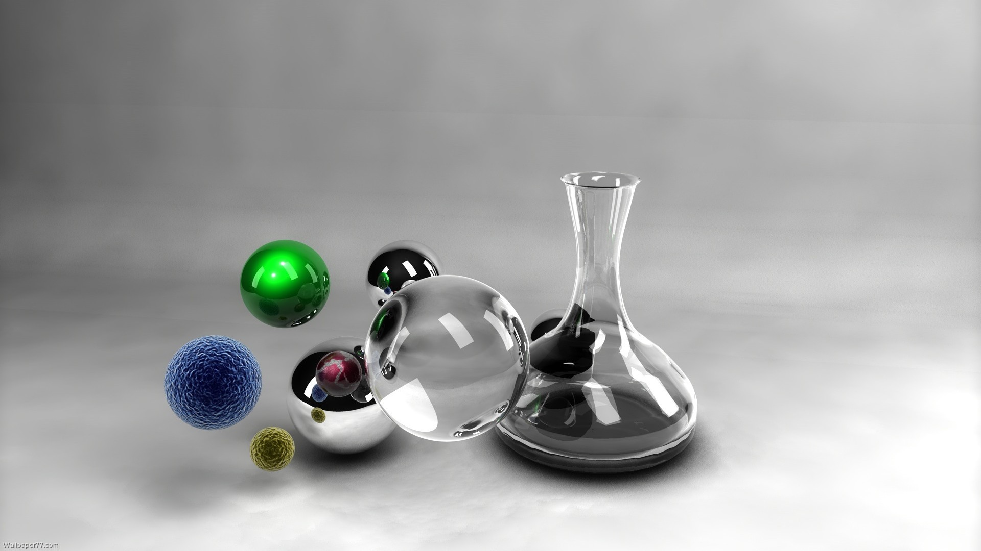 Vetreria da laboratorio, Sfere, Rendering 3D, Chimica, 1920x1080, sfondo per PC