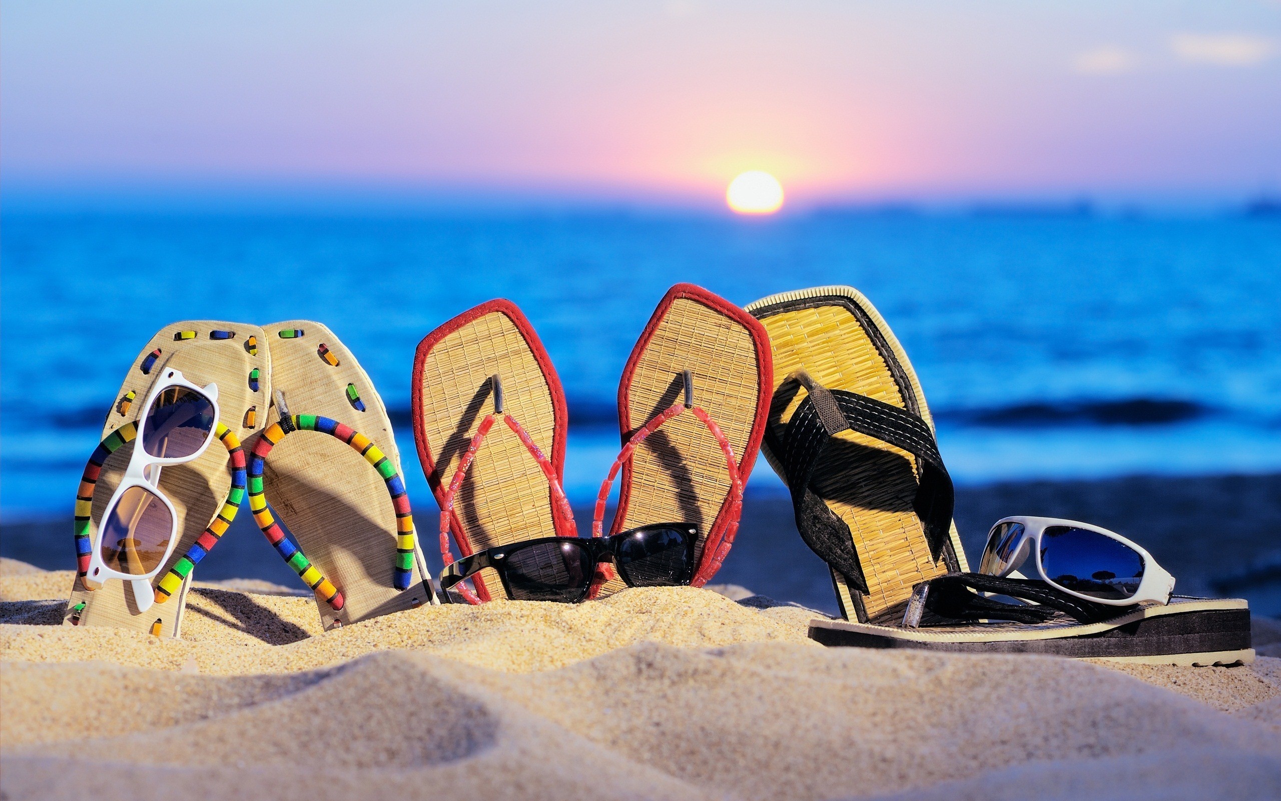 Infradito, Occhiali da sole, Spiaggia, Tramonto, 16:10 2K, wallpaper widescreen