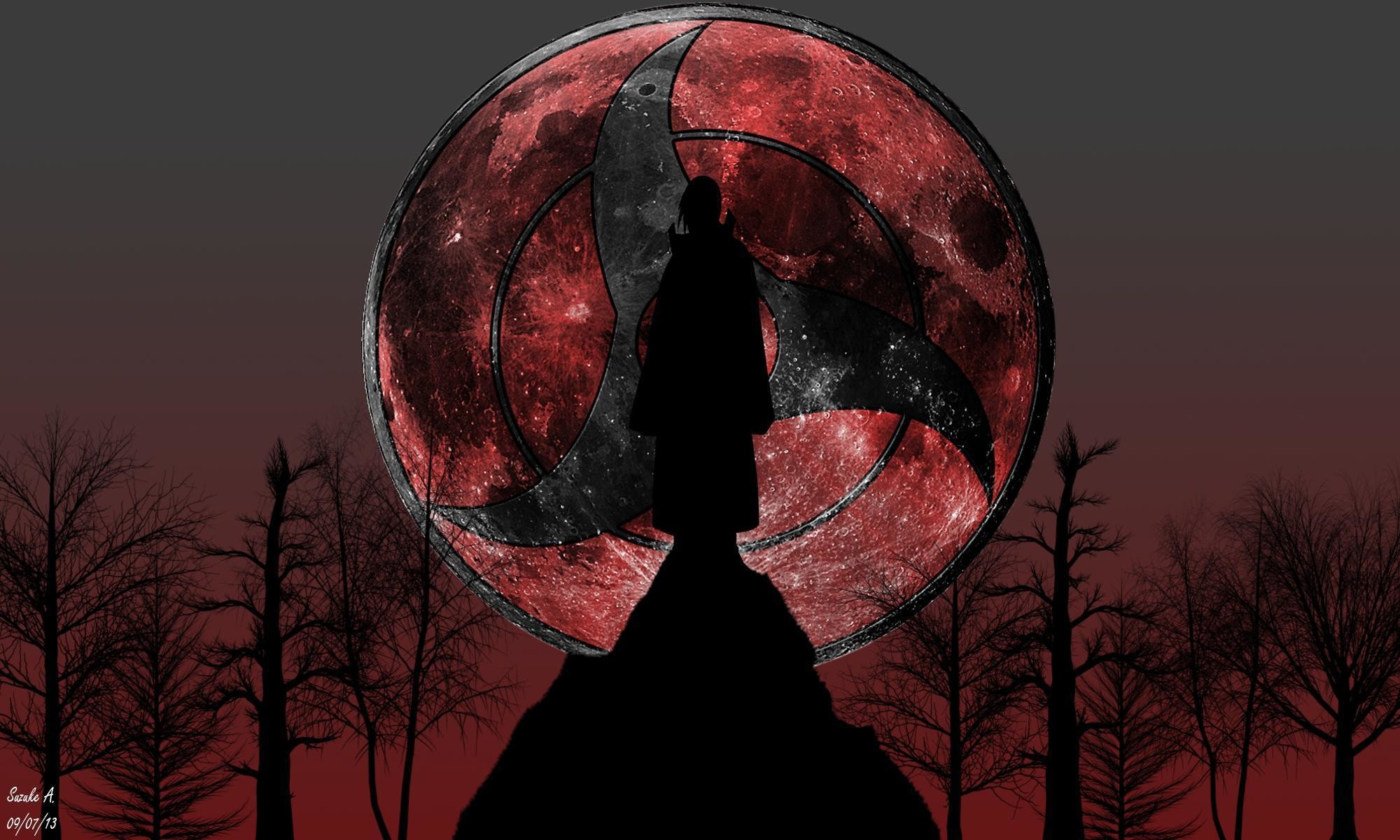 Itachi Uchiha, Mangekyō Sharingan, Luna rossa, Silhouette, Full HD, sfondo per portatile