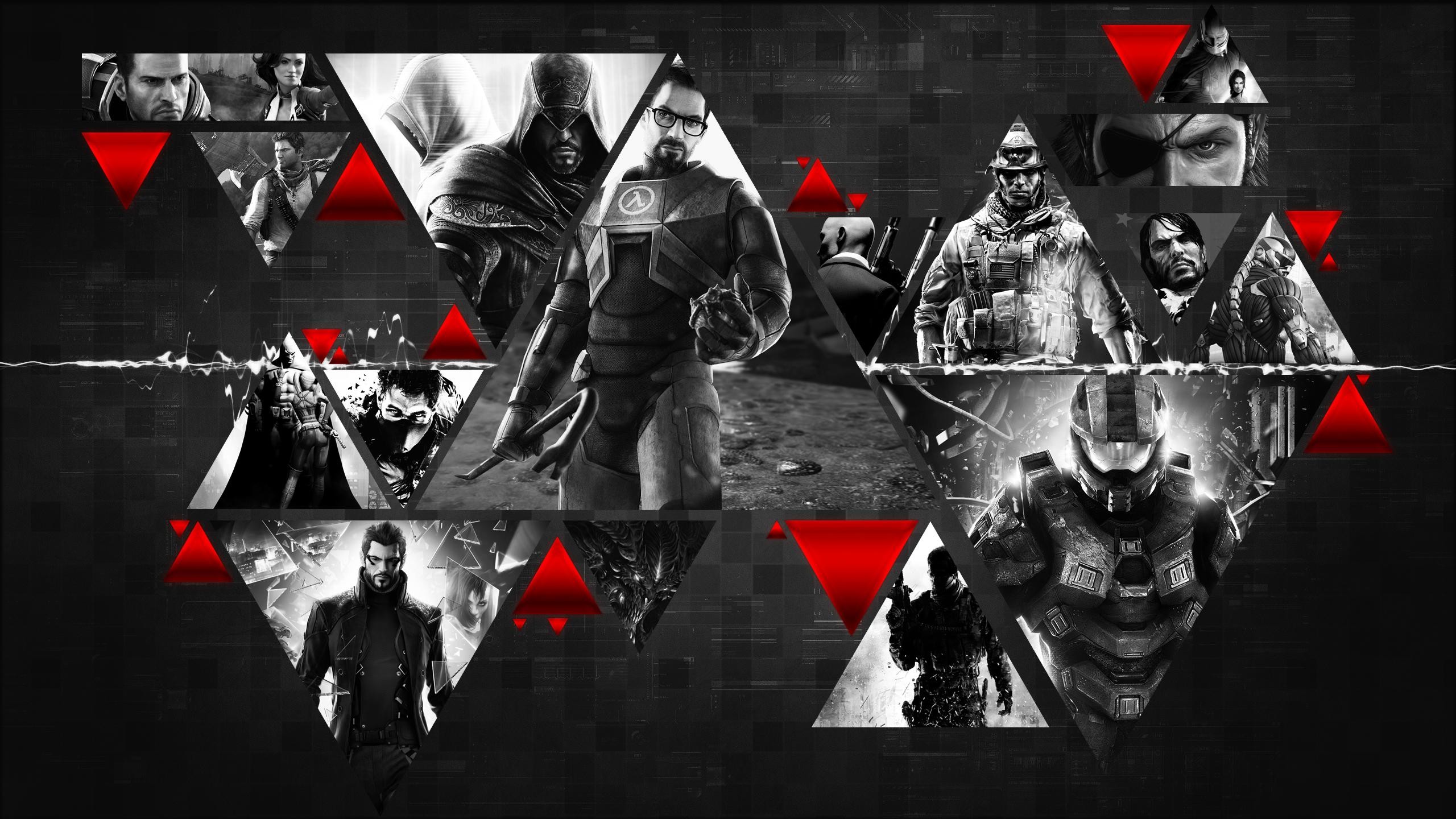Collage videogiochi, Assassin's Creed, Half-Life, Halo, Bianco e nero, sfondo desktop 1440p