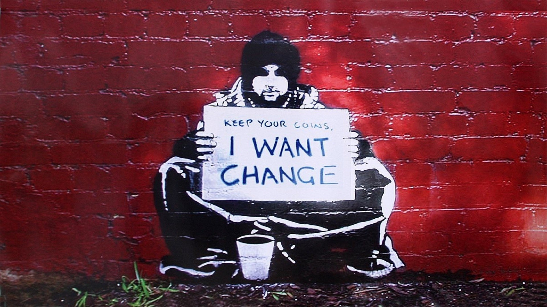 Keep Your Coins, I Want Change, Banksy, Senzatetto, Muro rosso, Full HD, sfondo desktop