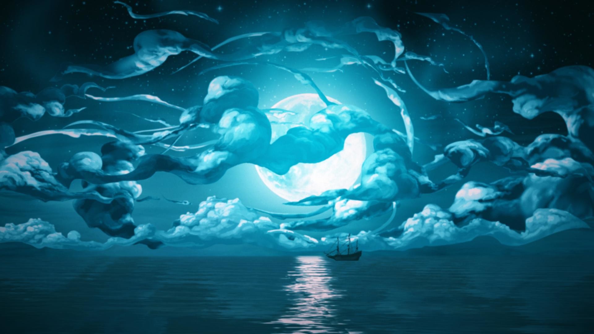 Luna, Nuvole, Mare, Turchese, Full HD, sfondo Windows 11