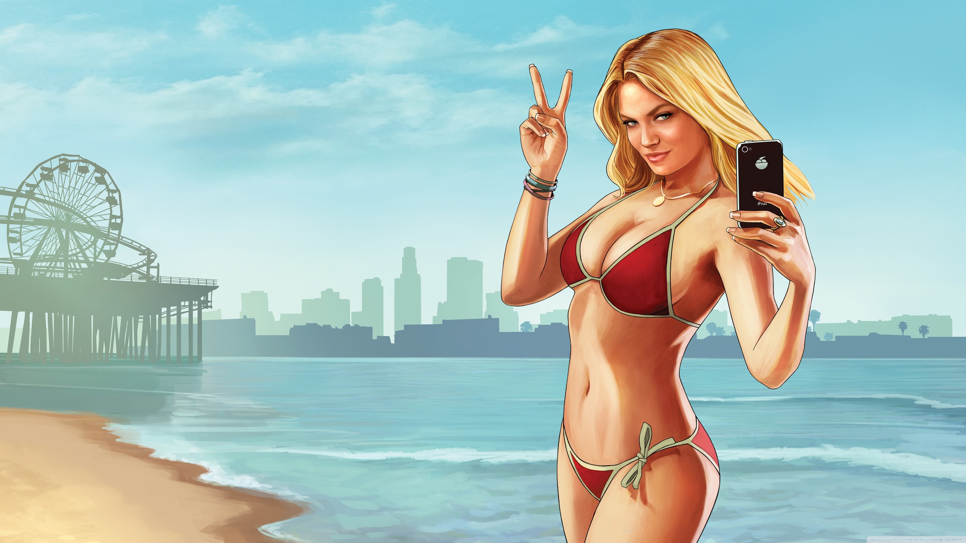 Grand Theft Auto V, Ragazza in bikini, Selfie, Del Perro Pier, Spiaggia, sfondo 4K per portatile