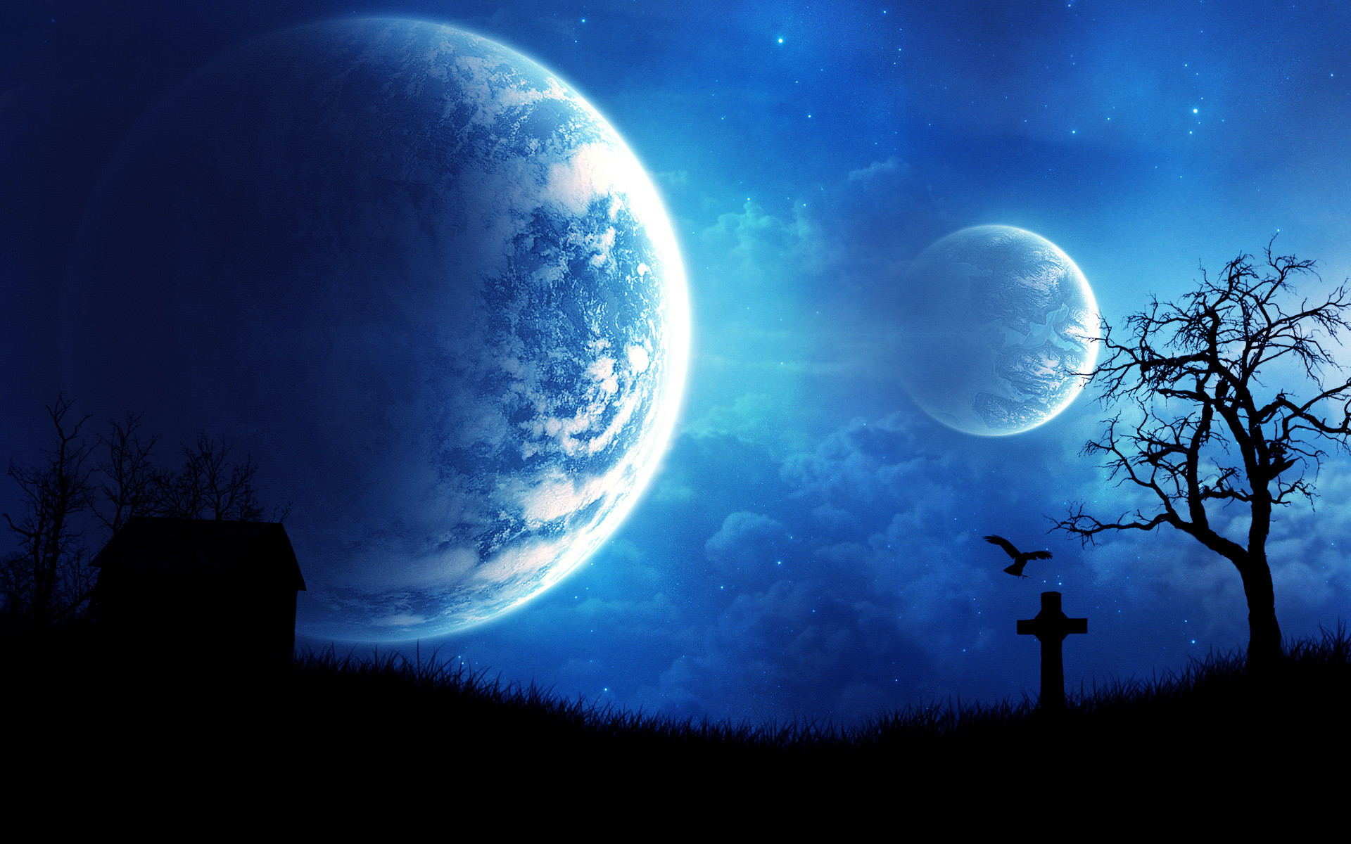 Pianeti, Albero spoglio, Croce, Fantasy, Notte, 16:10 Full HD, sfondo widescreen