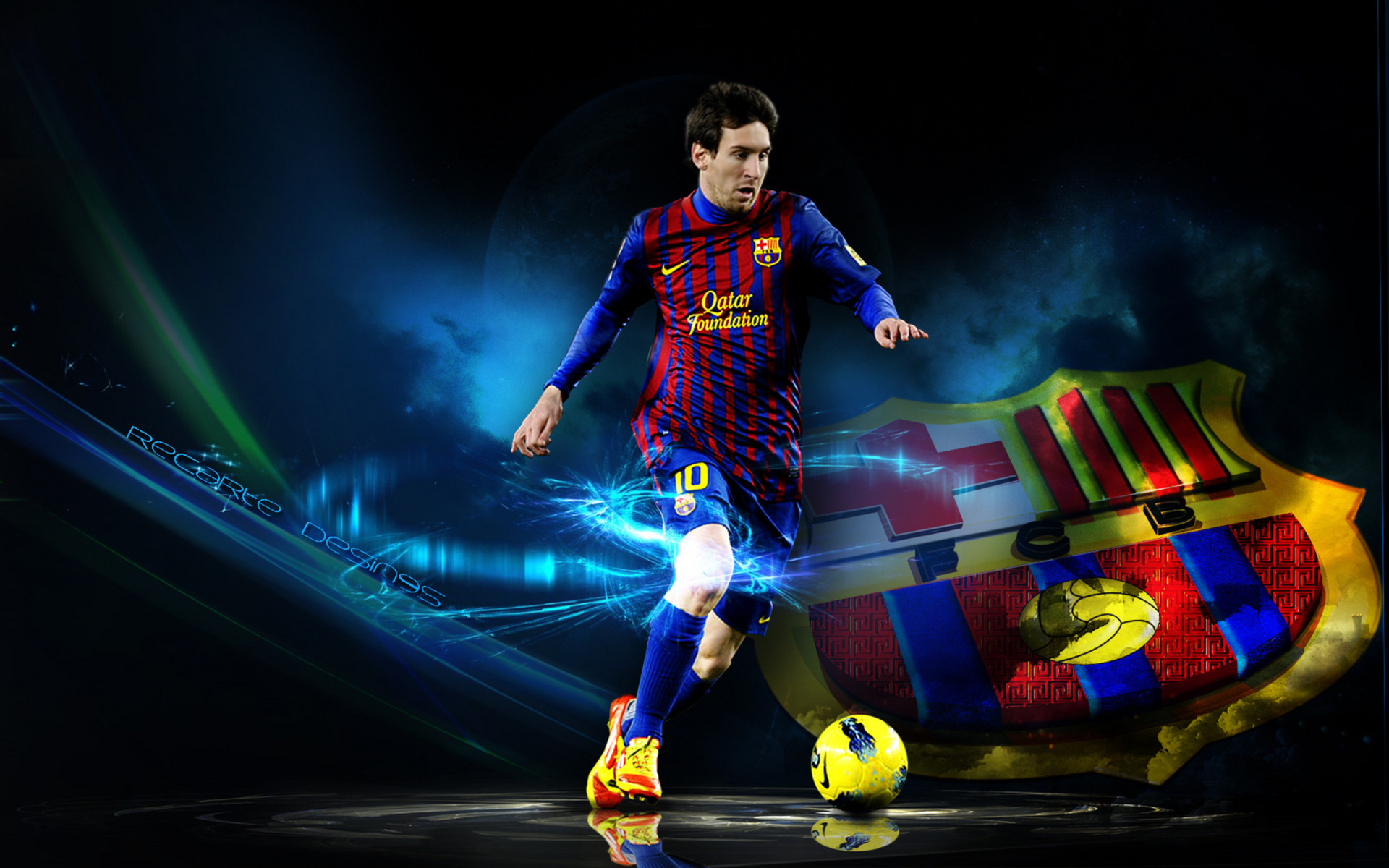 Lionel Messi, FC Barcelona, Stemma FC Barcelona, Pallone, Blu, Full HD, wallpaper per portatile