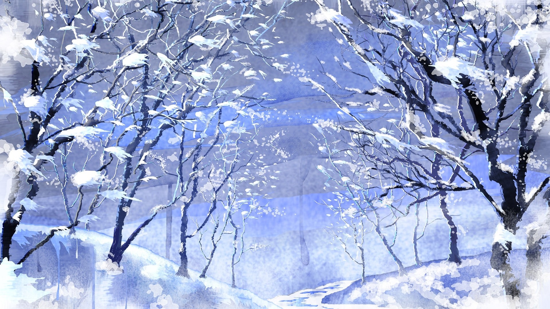 Alberi innevati, Pittura, Blu, Inverno, 1920x1080, sfondo per PC