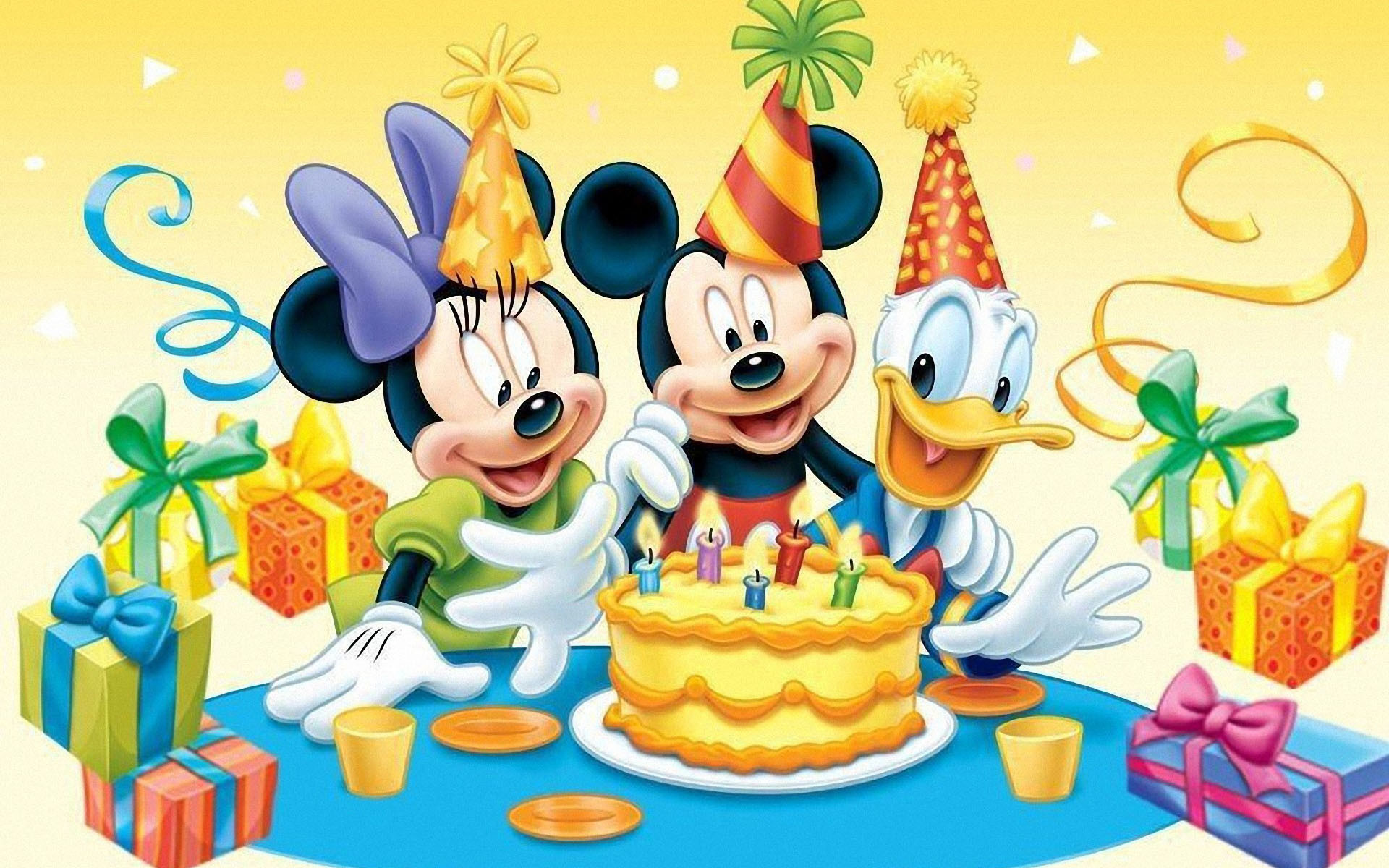 Topolino, Minnie, Paperino, Compleanno, Torta, Regali, Full HD, sfondo desktop