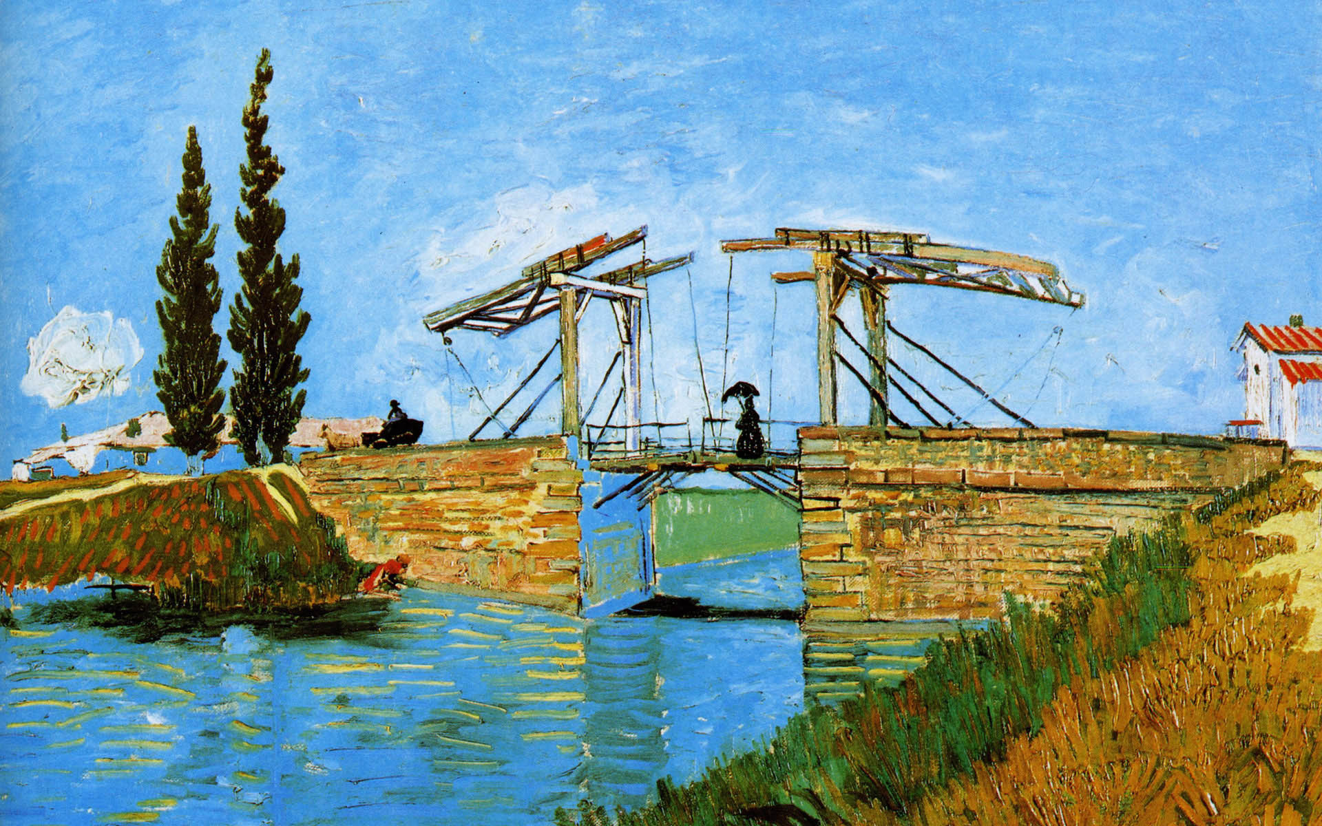 Il ponte di Langlois, Vincent van Gogh, Arles, Ponte levatoio, Canale, Cipressi, sfondo desktop