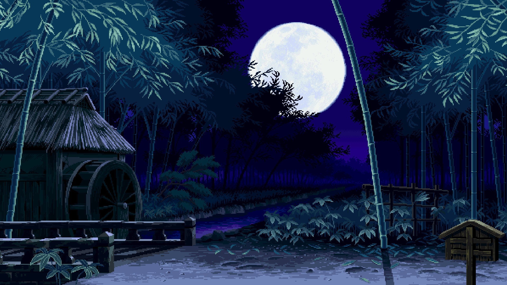Pixel art, Luna piena, Bambù, Mulino ad acqua, Notte, 1920x1080, sfondo per PC