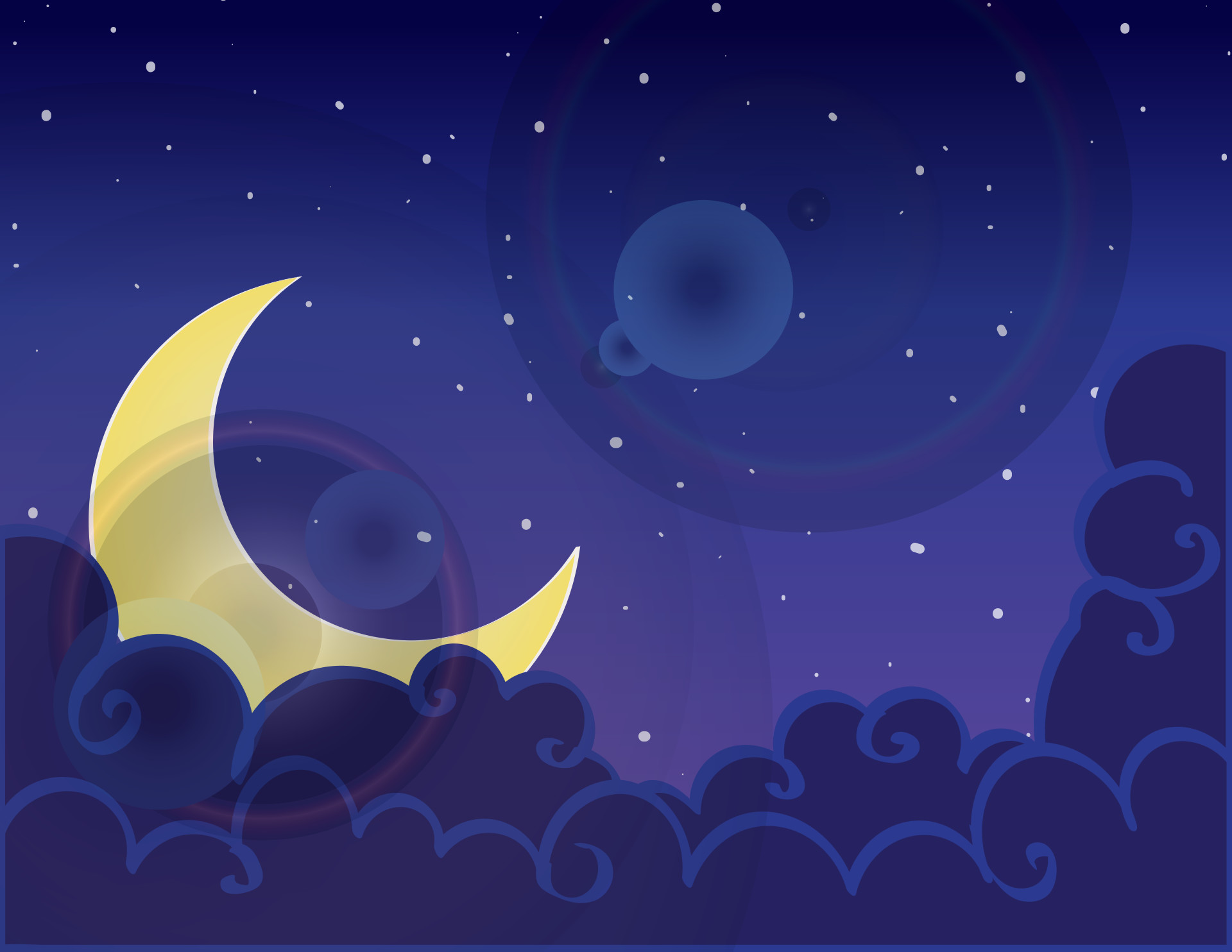 Luna crescente, Nuvole, Stelle, Illustrazione, Full HD, sfondo per PC e portatile