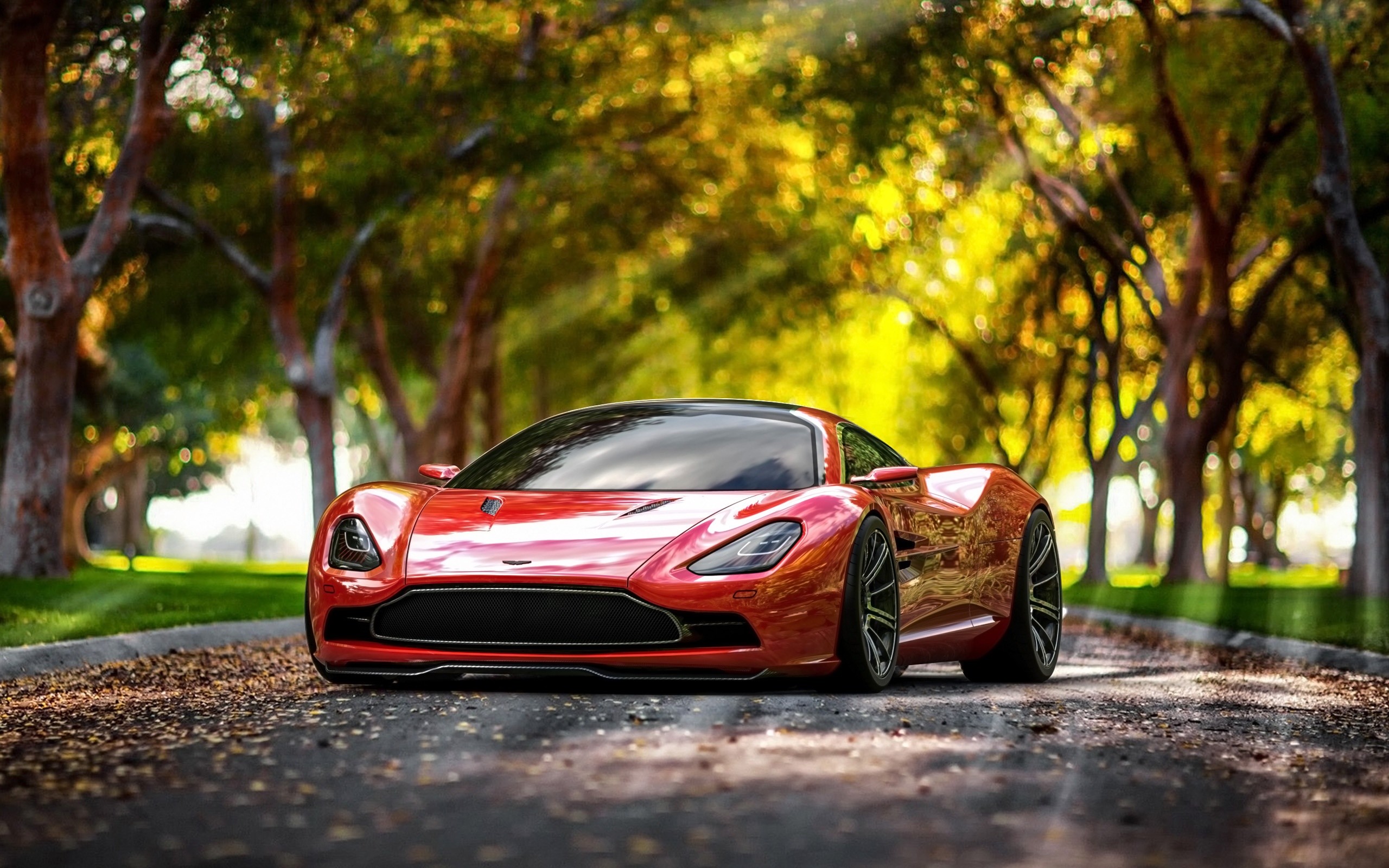 Aston Martin, Auto sportiva, Viale alberato, Rosso, 16:10 2K, wallpaper widescreen
