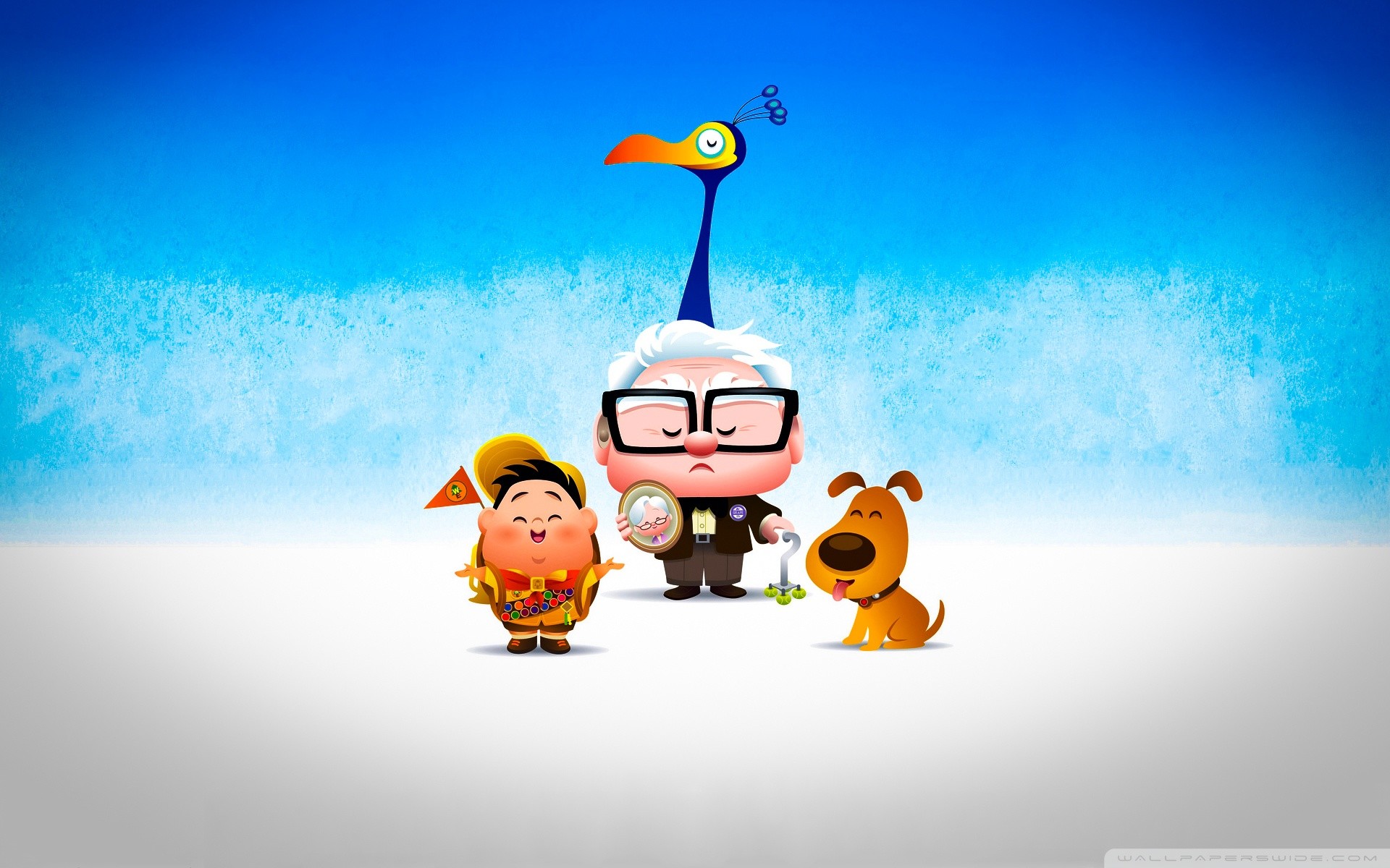 Up, Carl Fredricksen, Russell, Dug, Kevin, Pixar, Chibi, 16:10 Full HD, sfondo widescreen