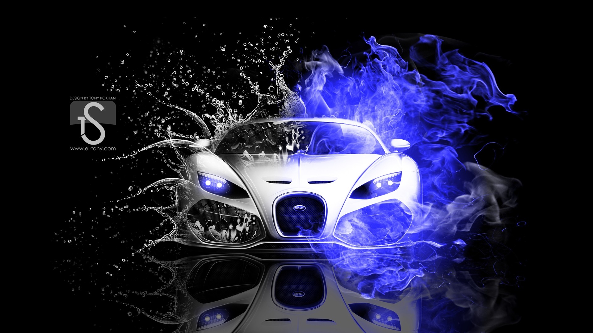 Bugatti Veyron, Auto sportiva, Fiamme blu, Arte digitale, Full HD, wallpaper per computer
