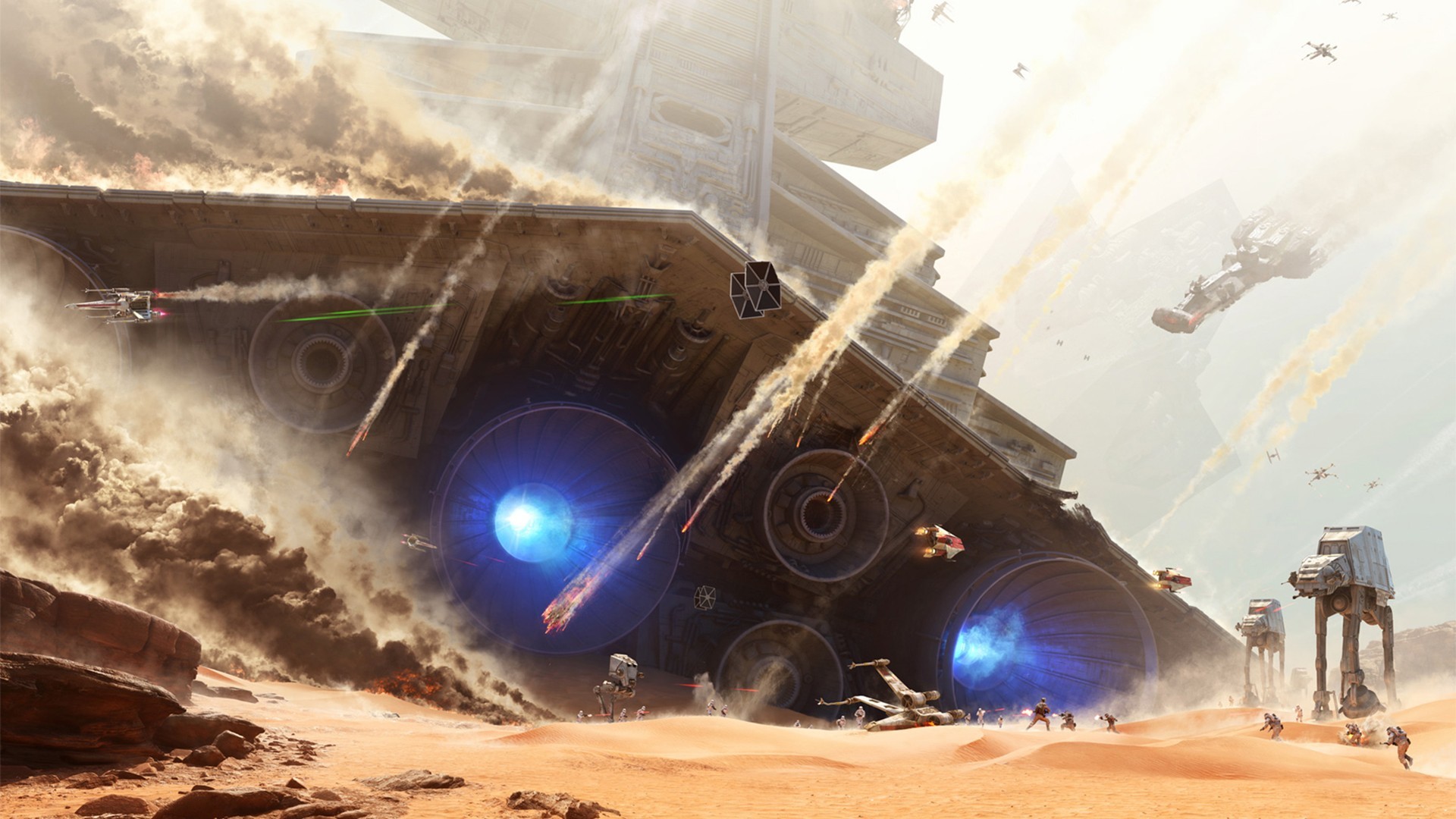 Star Destroyer, AT-AT, Battaglia di Jakku, Deserto, Full HD, wallpaper desktop