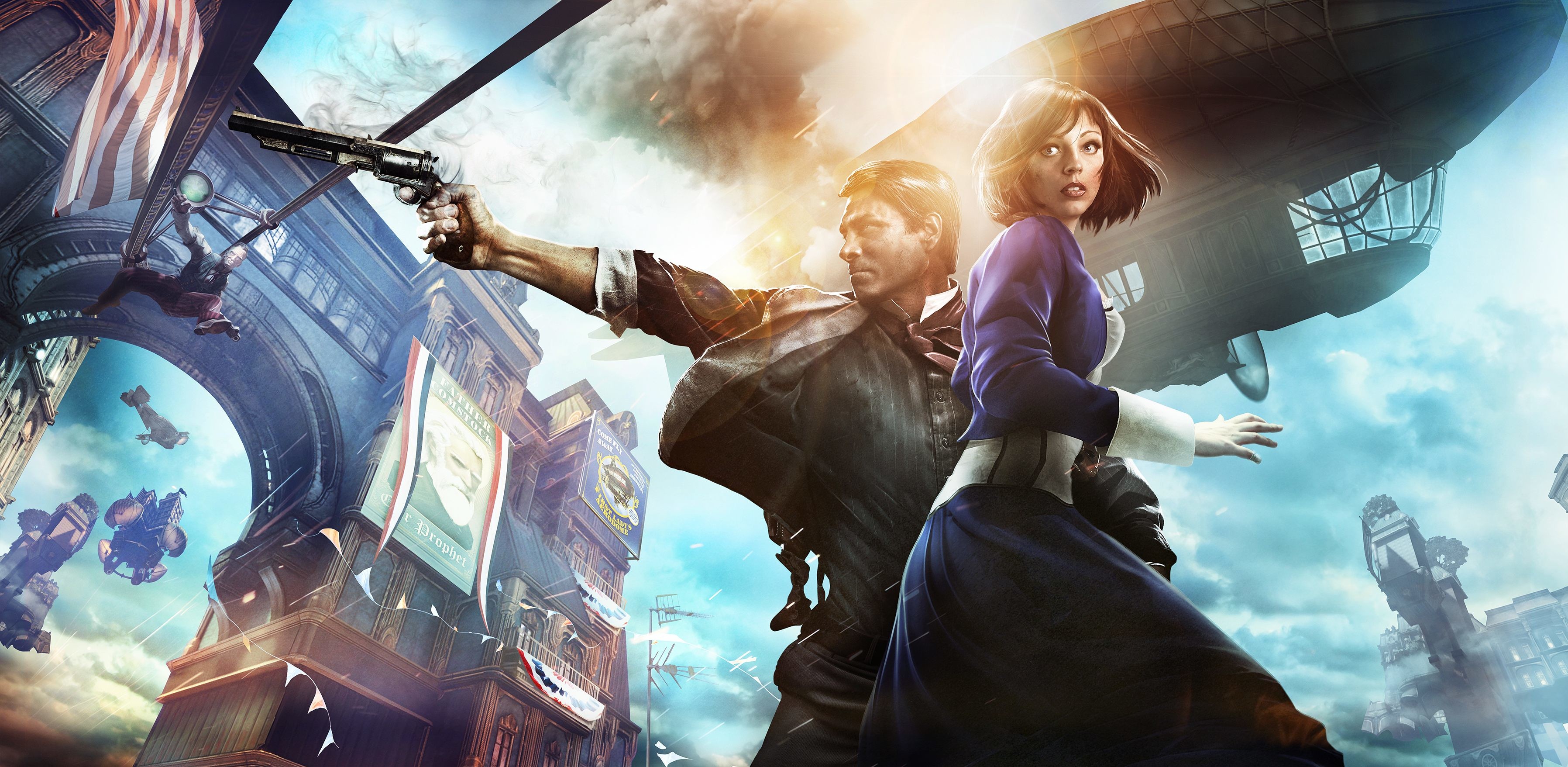 BioShock Infinite, Booker DeWitt, Elizabeth, Columbia, Dirigibile, sfondo 2K per portatile