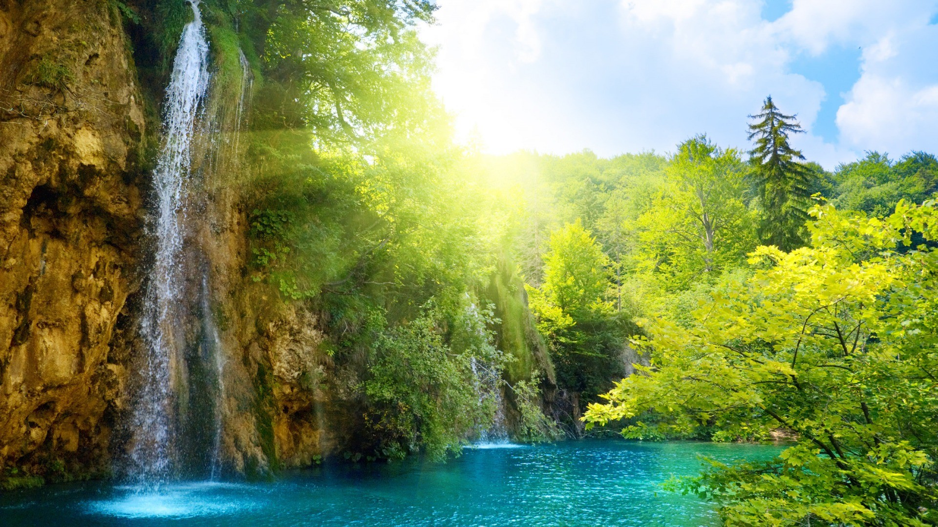 Cascata, Lago turchese, Foresta, Sole, 1920x1080, sfondo per PC