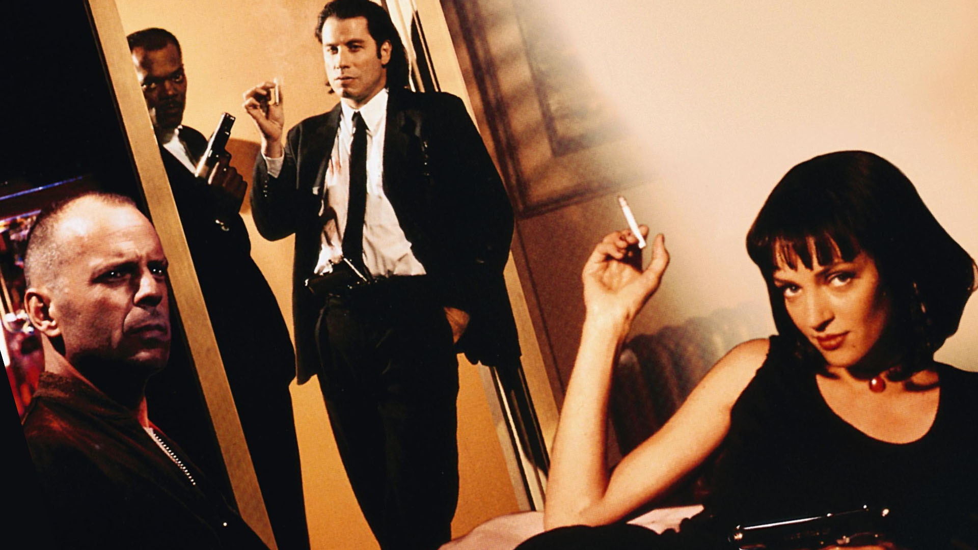 Pulp Fiction, Uma Thurman, John Travolta, Bruce Willis, Samuel L. Jackson, Collage, sfondo 1080p