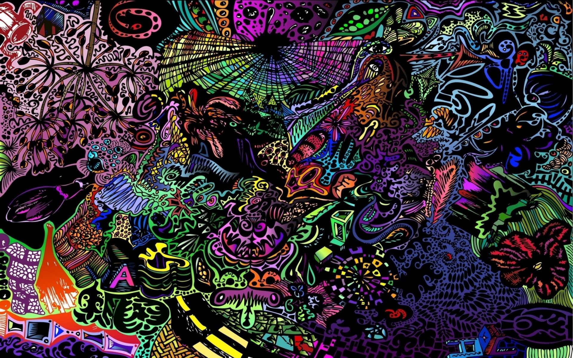 Arte psichedelica, Doodle, Neon, Sfondo nero, Full HD, wallpaper per desktop