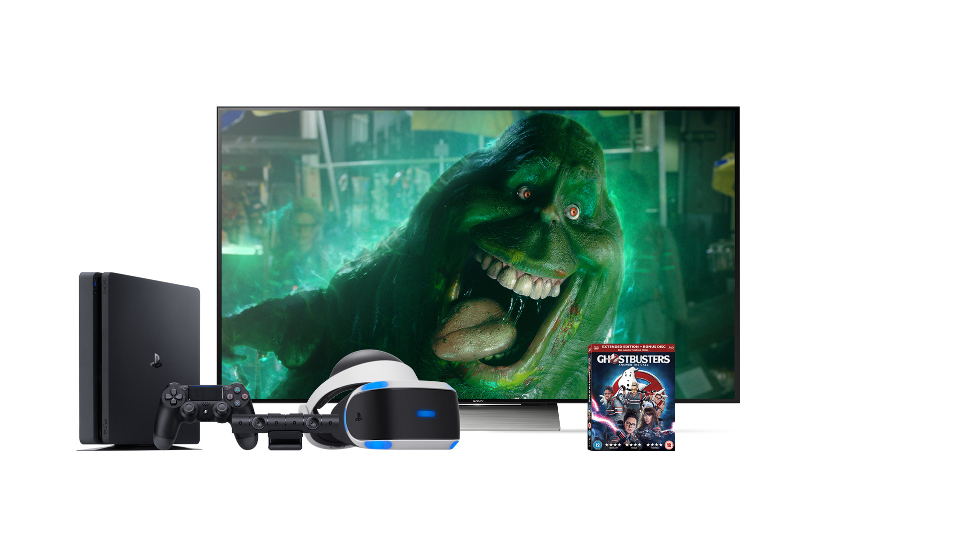PlayStation 4 Slim, PlayStation VR, Ghostbusters, Slimer, Televisore, sfondo desktop 1920x1080
