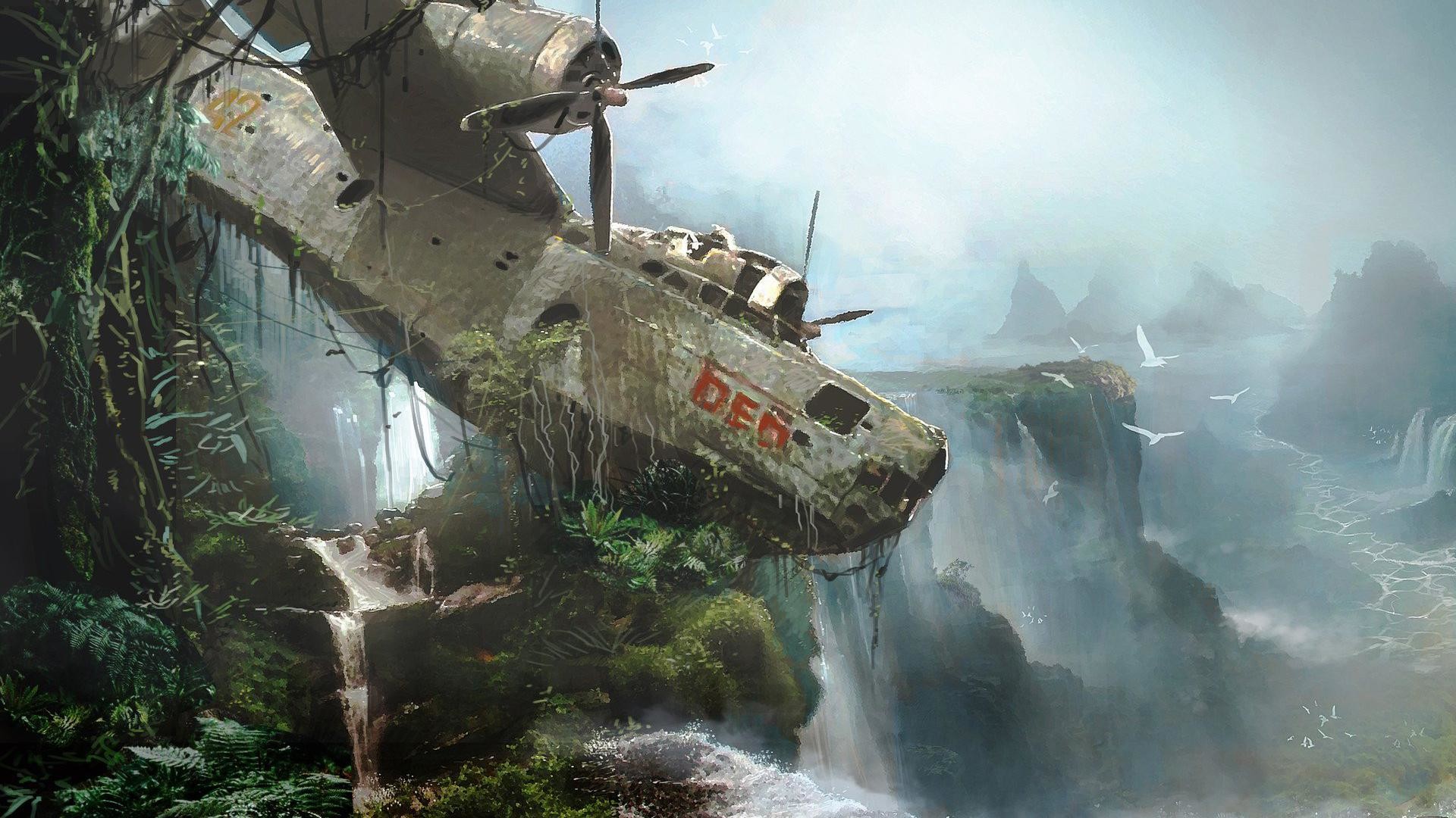 Aereo abbandonato, Relitto, Cascata, Giungla, Arte digitale, Full HD, wallpaper per computer