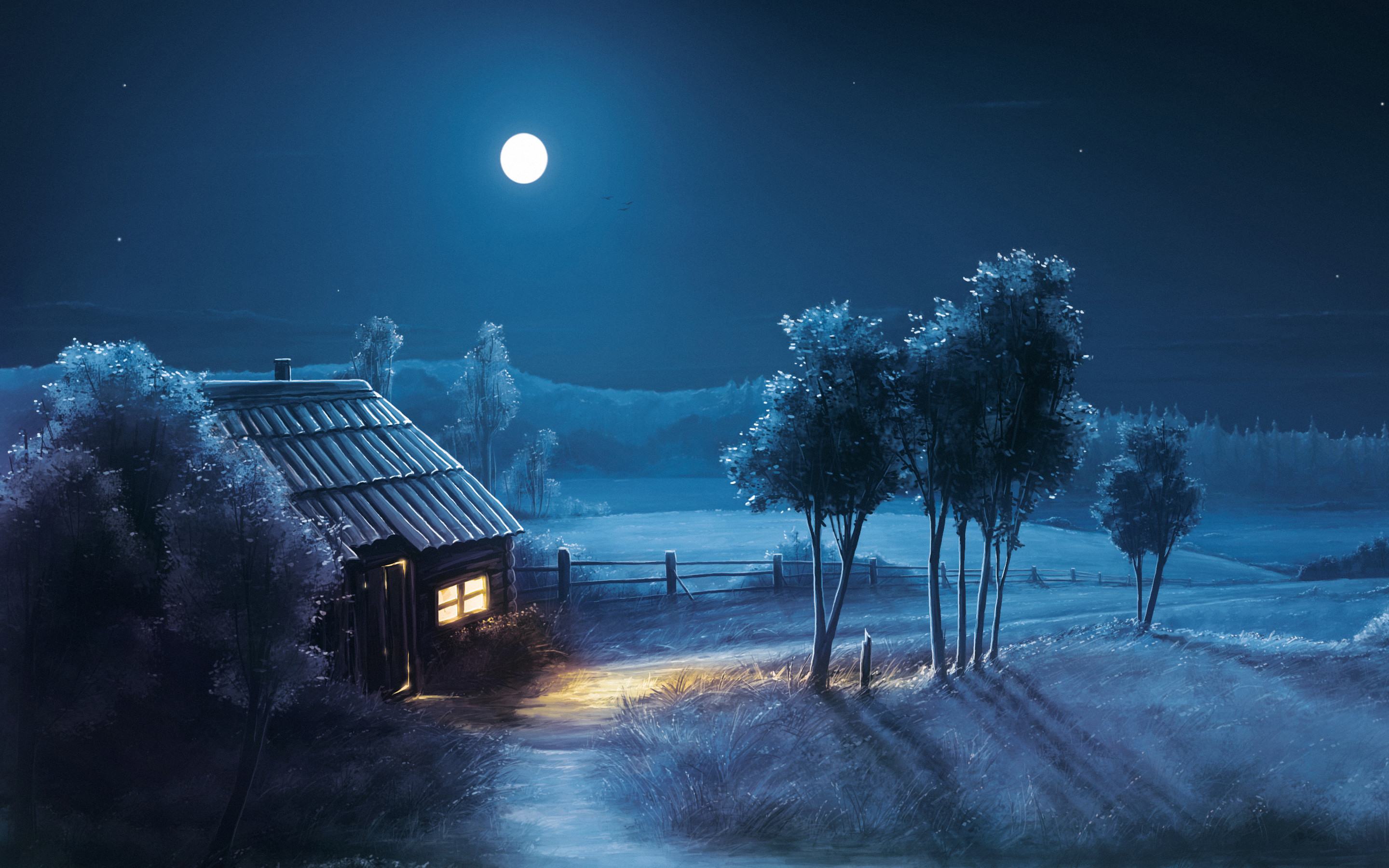 Luna piena, Baita, Neve, Notte blu, 16:10 2K, wallpaper widescreen