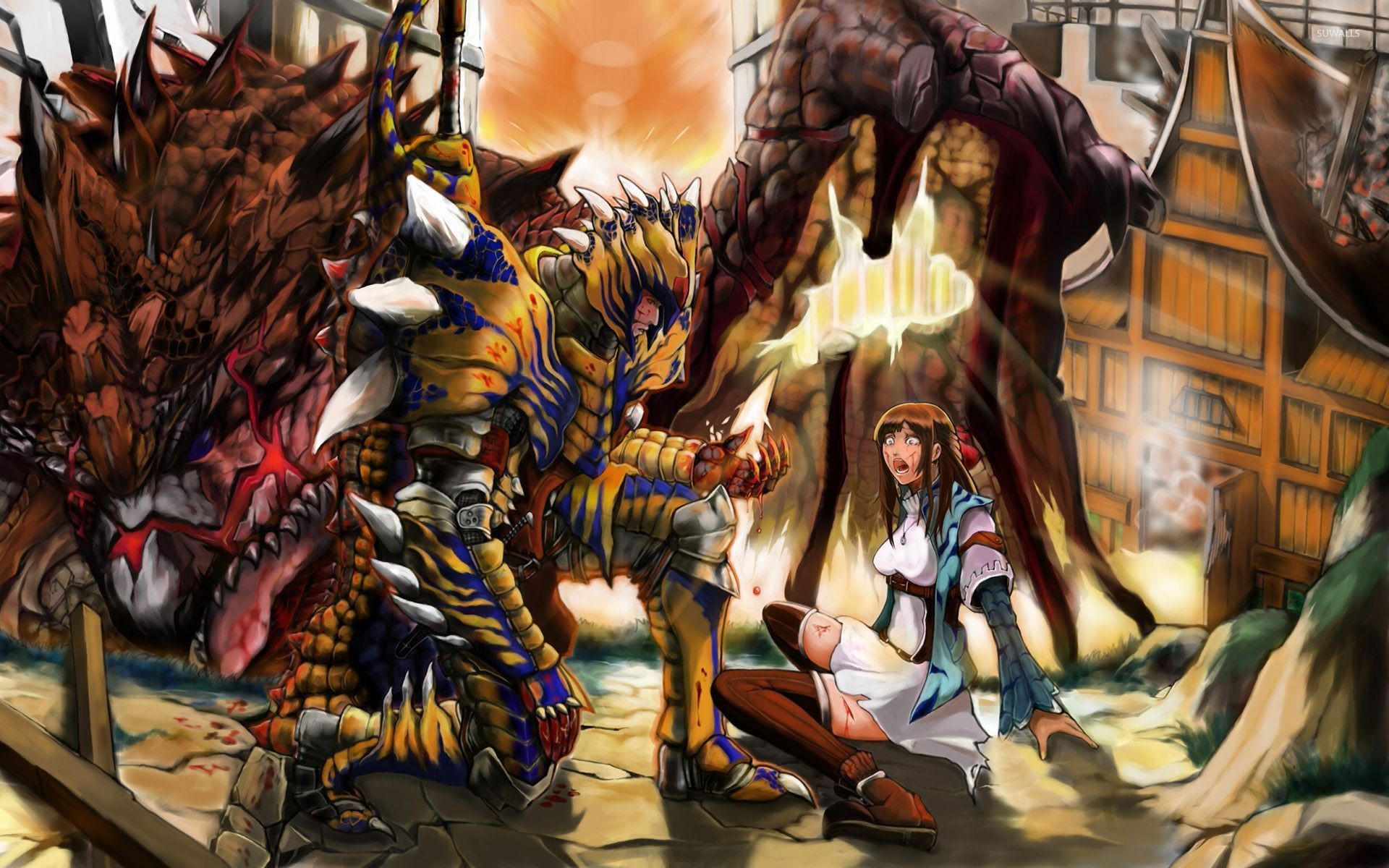 Monster Hunter, Tigrex, Cacciatori, Villaggio, 16:10 Full HD, wallpaper widescreen