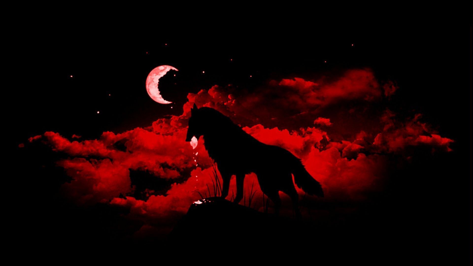 Lupo, Luna crescente, Nuvole rosse, Silhouette, Full HD, sfondo per PC e portatile