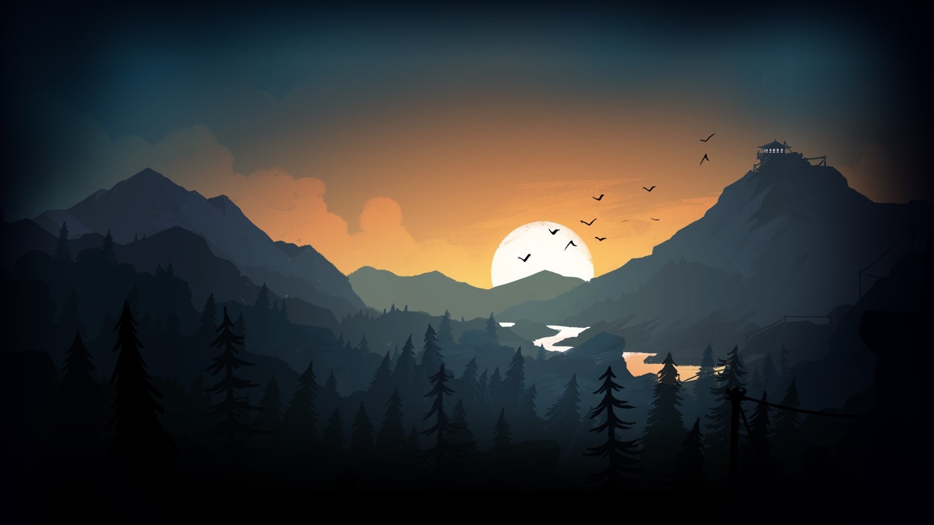 Firewatch, Luna, Montagne, Uccelli, Notte, 16:9 Full HD, sfondo widescreen
