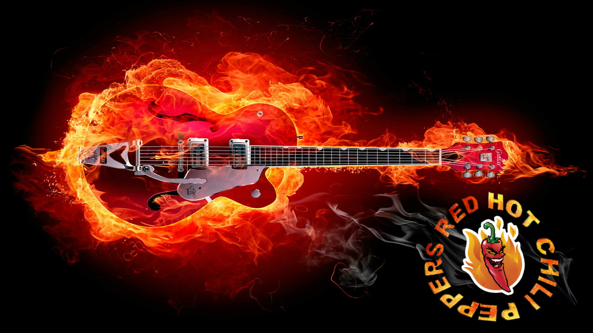 Red Hot Chili Peppers, Chitarra in fiamme, Gretsch, Fuoco, Sfondo nero, wallpaper per desktop