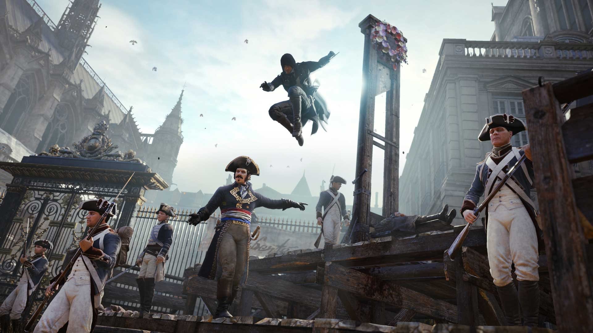 Assassin's Creed Unity, Arno Dorian, Parigi, Ghigliottina, Salto, Soldati, sfondo Full HD per portatile