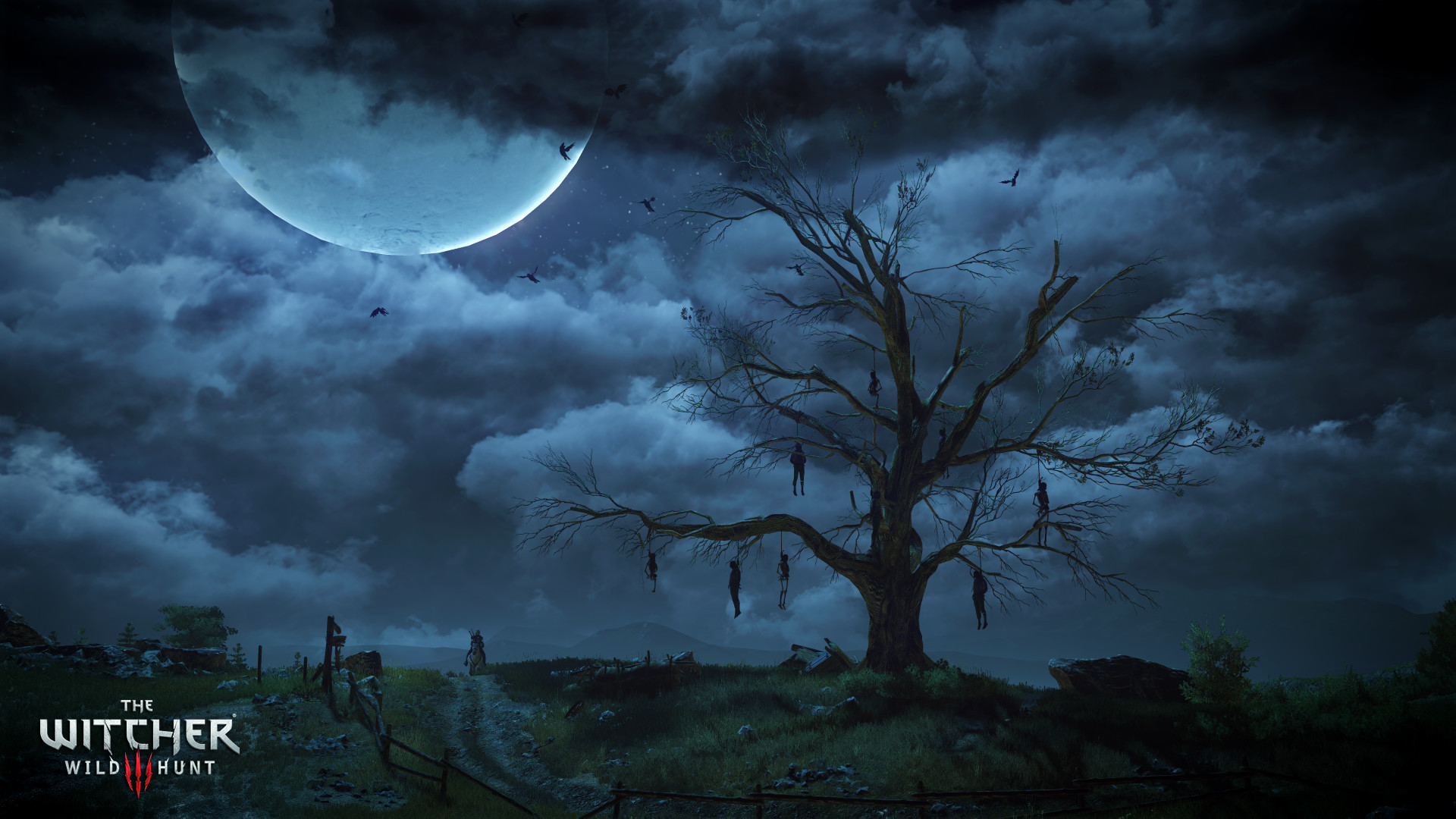 The Witcher 3: Wild Hunt, Albero degli impiccati, Velen, Luna, Notte, sfondo desktop 1080p