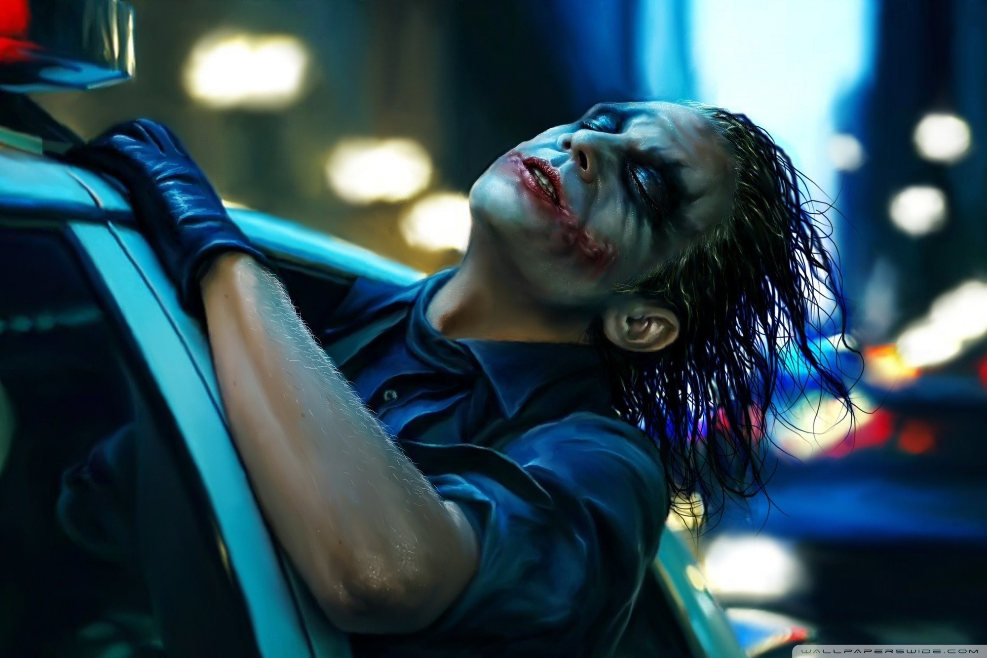 Joker, Heath Ledger, Il cavaliere oscuro, Auto della polizia, Luci della città, immagine di sfondo