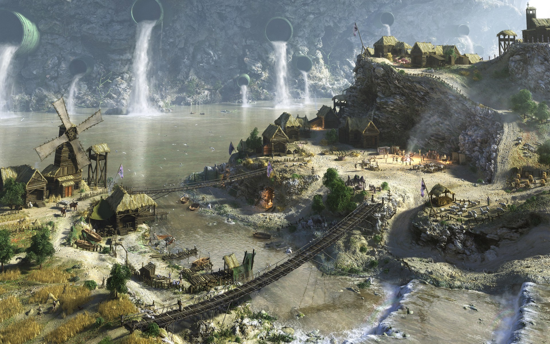 Villaggio, Mulino a vento, Cascate, Fantasy, Vista aerea, 1920x1200, sfondo per PC
