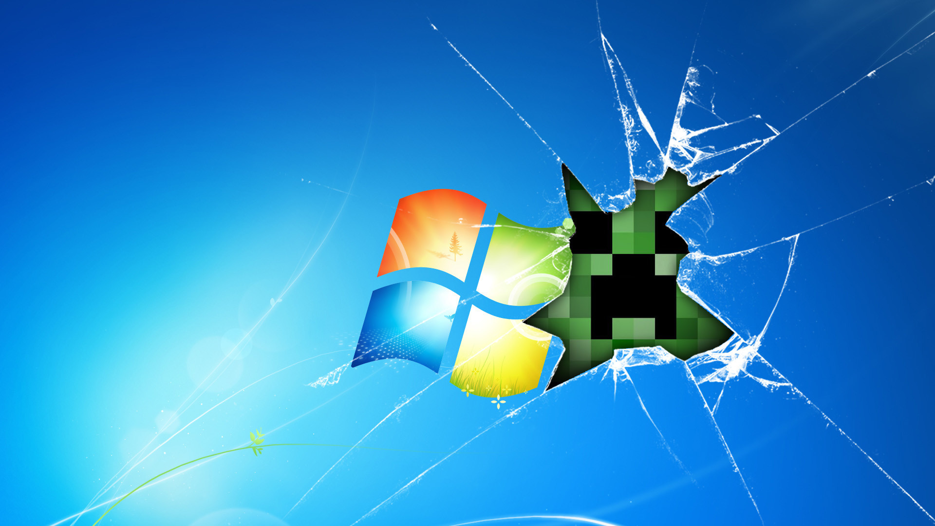 Windows 7, Minecraft, Creeper, Vetro rotto, sfondo PC Full HD