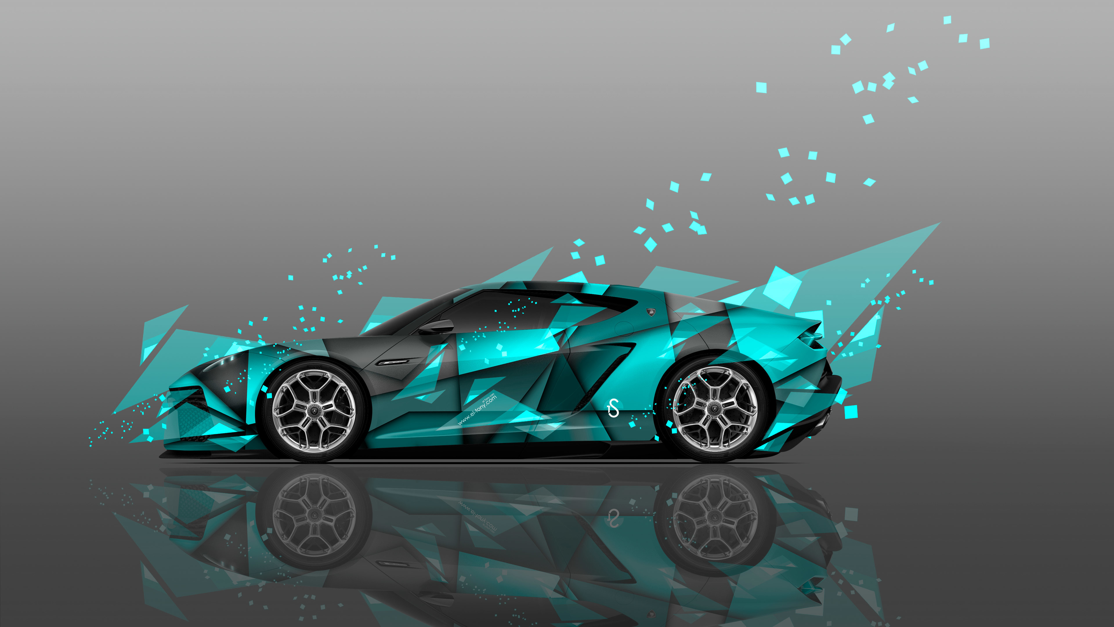 Auto sportiva, Arte poligonale, Turchese, Riflesso, Sfondo grigio, 4K Ultra HD