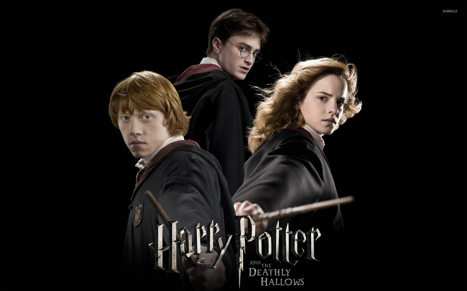 Harry Potter e i Doni della Morte, Harry Potter, Ron Weasley, Hermione Granger, Sfondo nero, wallpaper Full HD