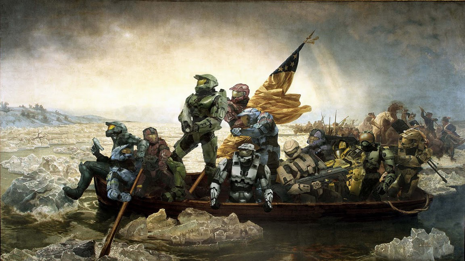 Master Chief, Halo, Parodia, Washington attraversa il Delaware, Spartan, sfondo Windows 11