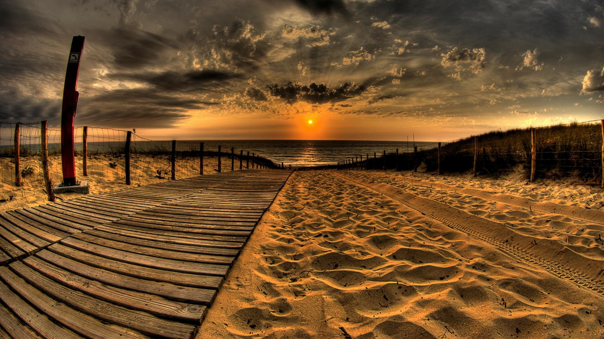 Passerella in legno, Spiaggia, Sabbia, Tramonto, HDR, 16:9 Full HD, wallpaper widescreen