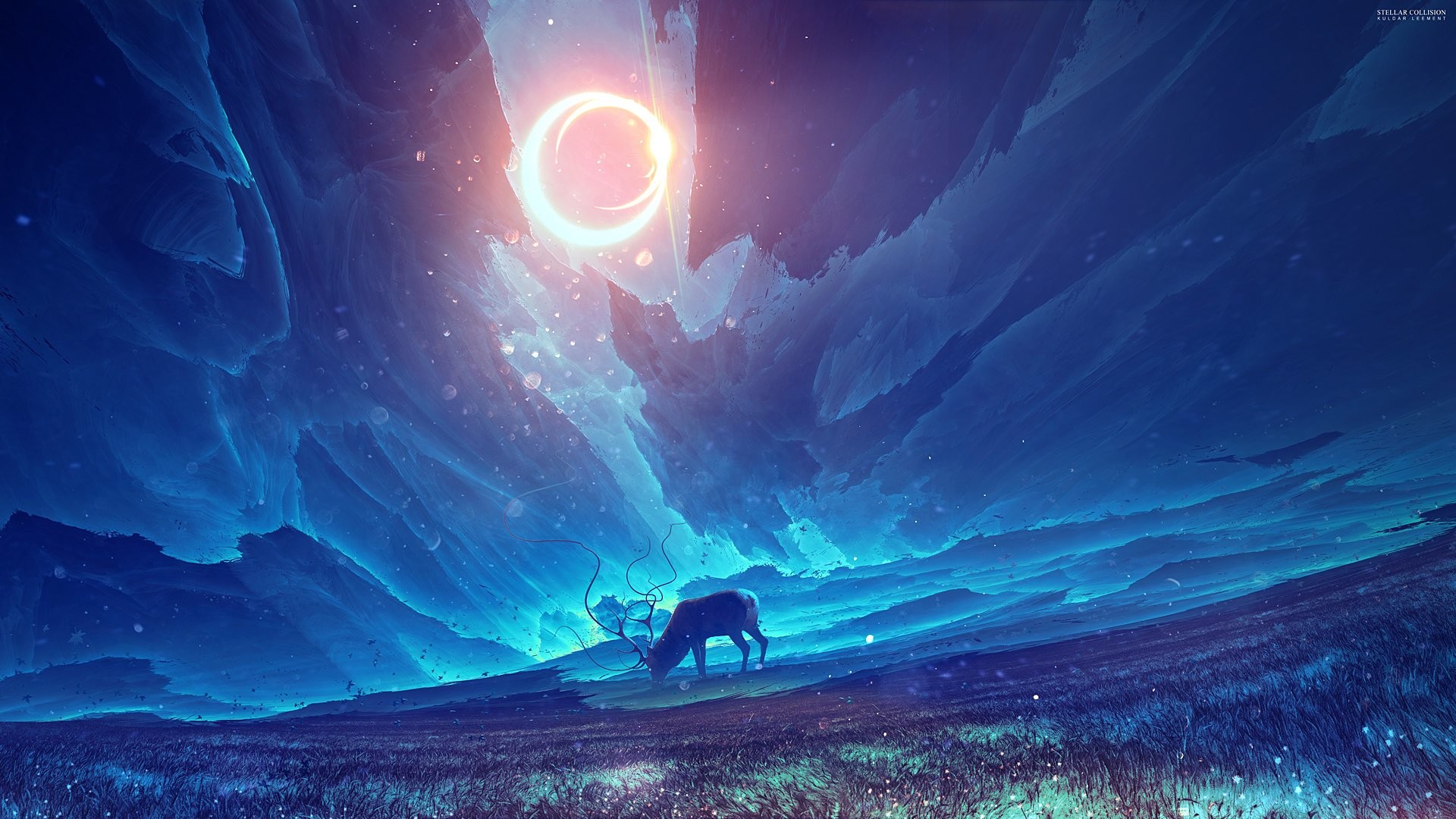 Cervo, Aurora boreale, Eclissi, Arte digitale, Paesaggio fantasy, sfondo widescreen Full HD