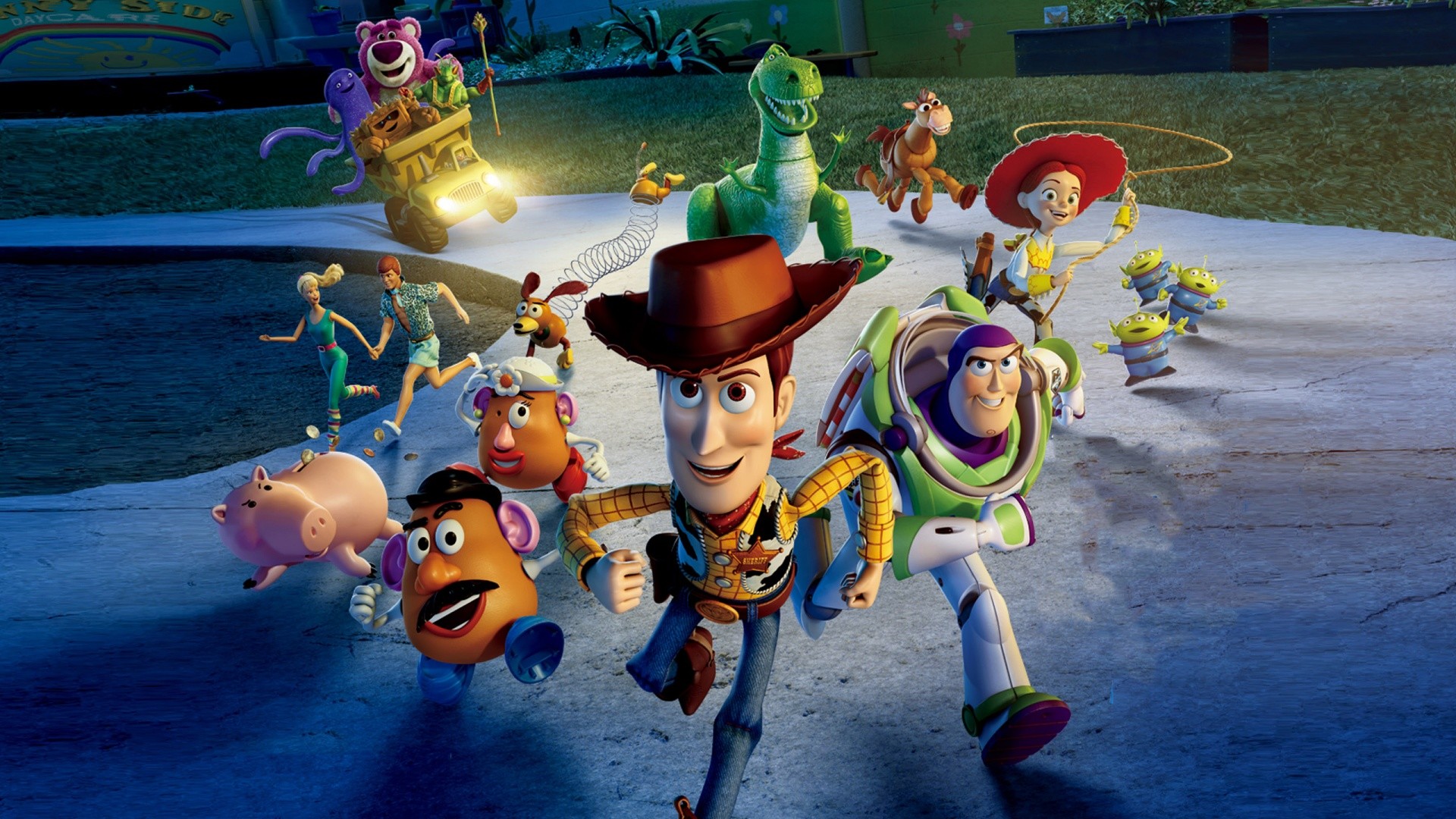 Toy Story 3, Woody, Buzz Lightyear, Jessie, Rex, Pixar, 16:9 Full HD, sfondo widescreen