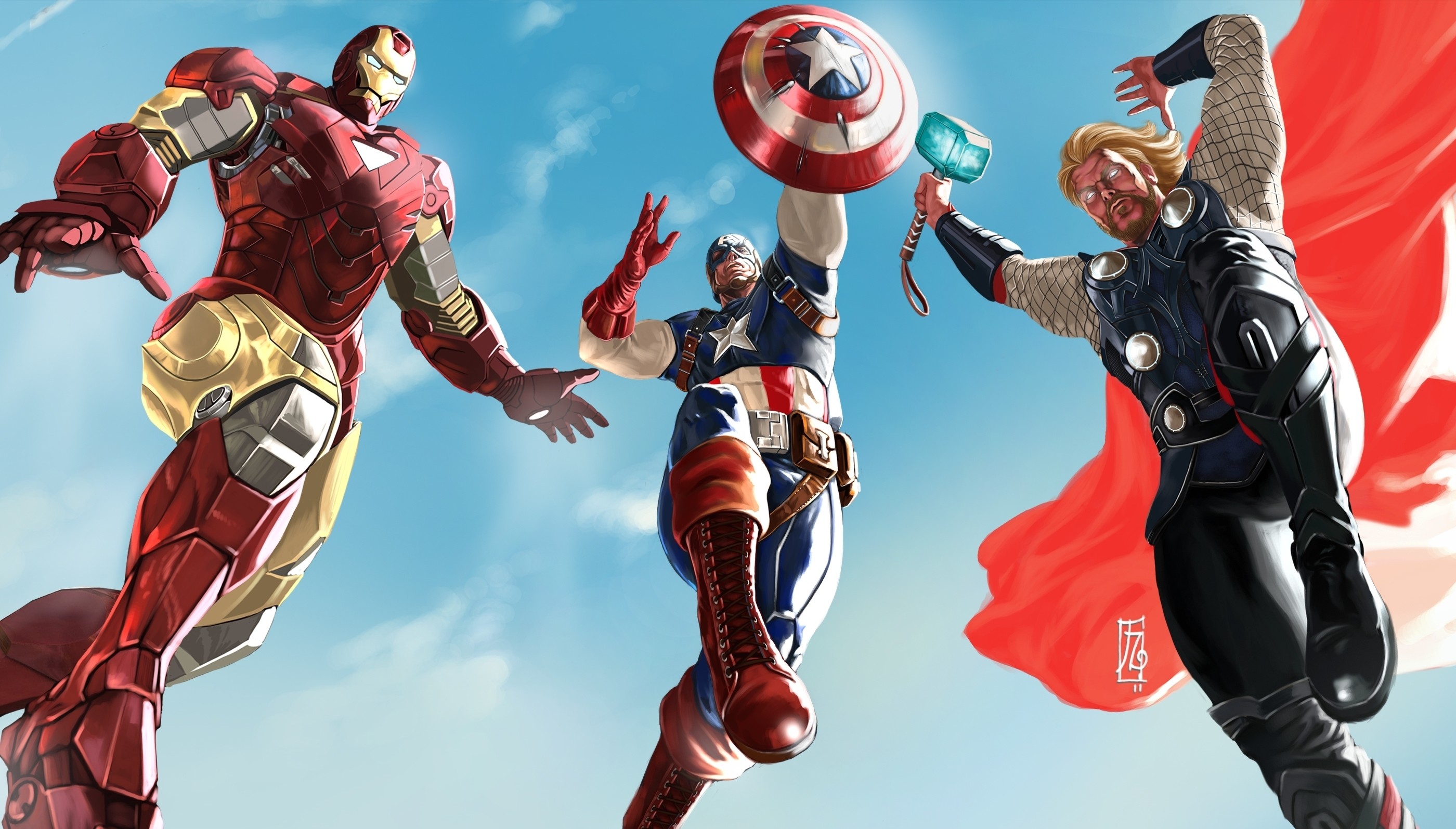 Iron Man, Capitan America, Thor, Avengers, Cielo azzurro, 2K, sfondo per PC