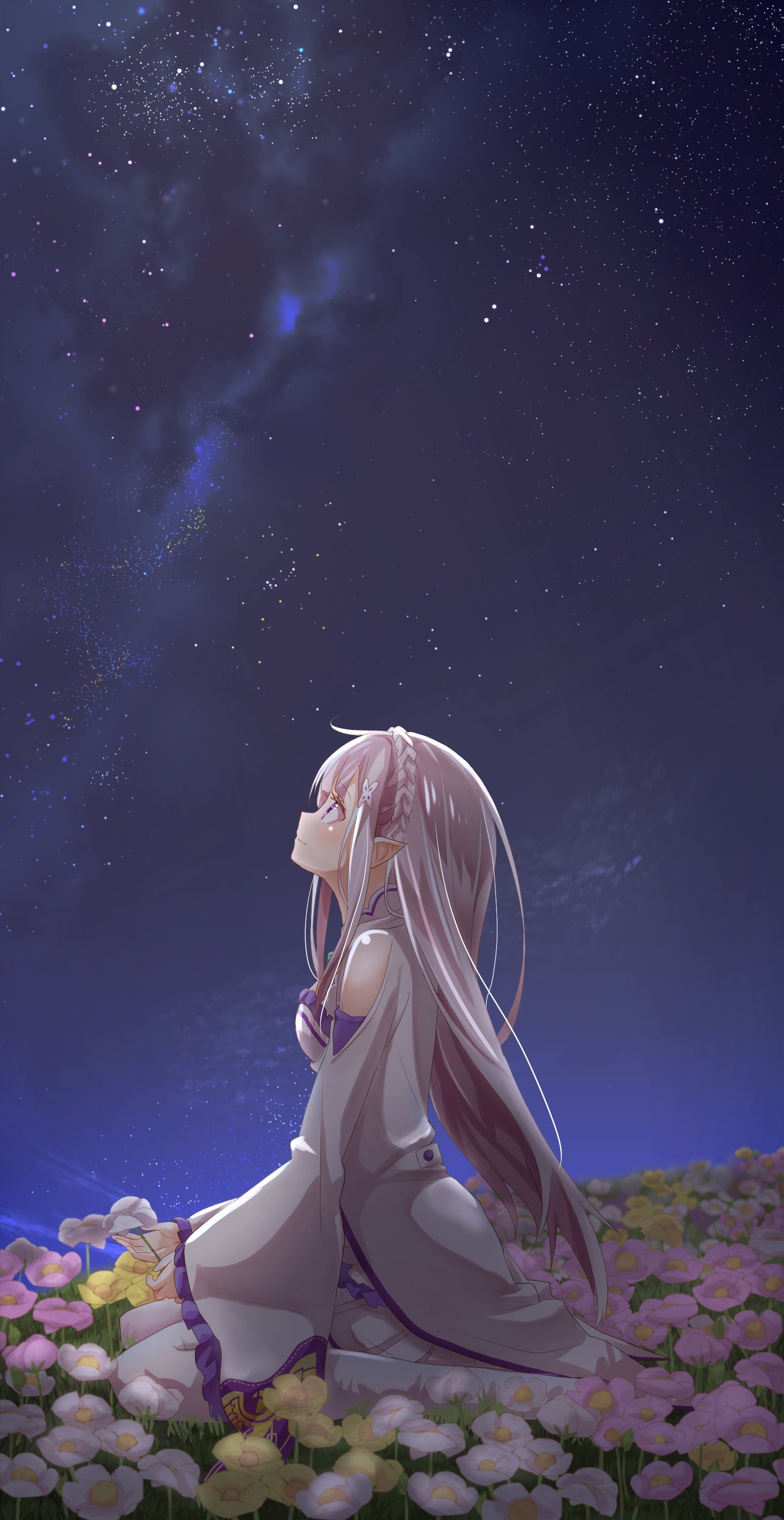 Ragazza anime, Cielo stellato, Prato fiorito, Notte, sfondo per iPhone e Android